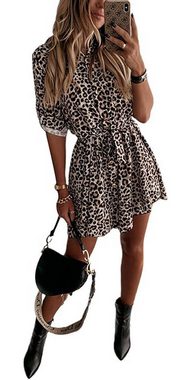 FIDDY Blusenkleid Damen Halb Ärmliges Kleid Leopard Print Shirt Kleid Hemdkleid Elegante