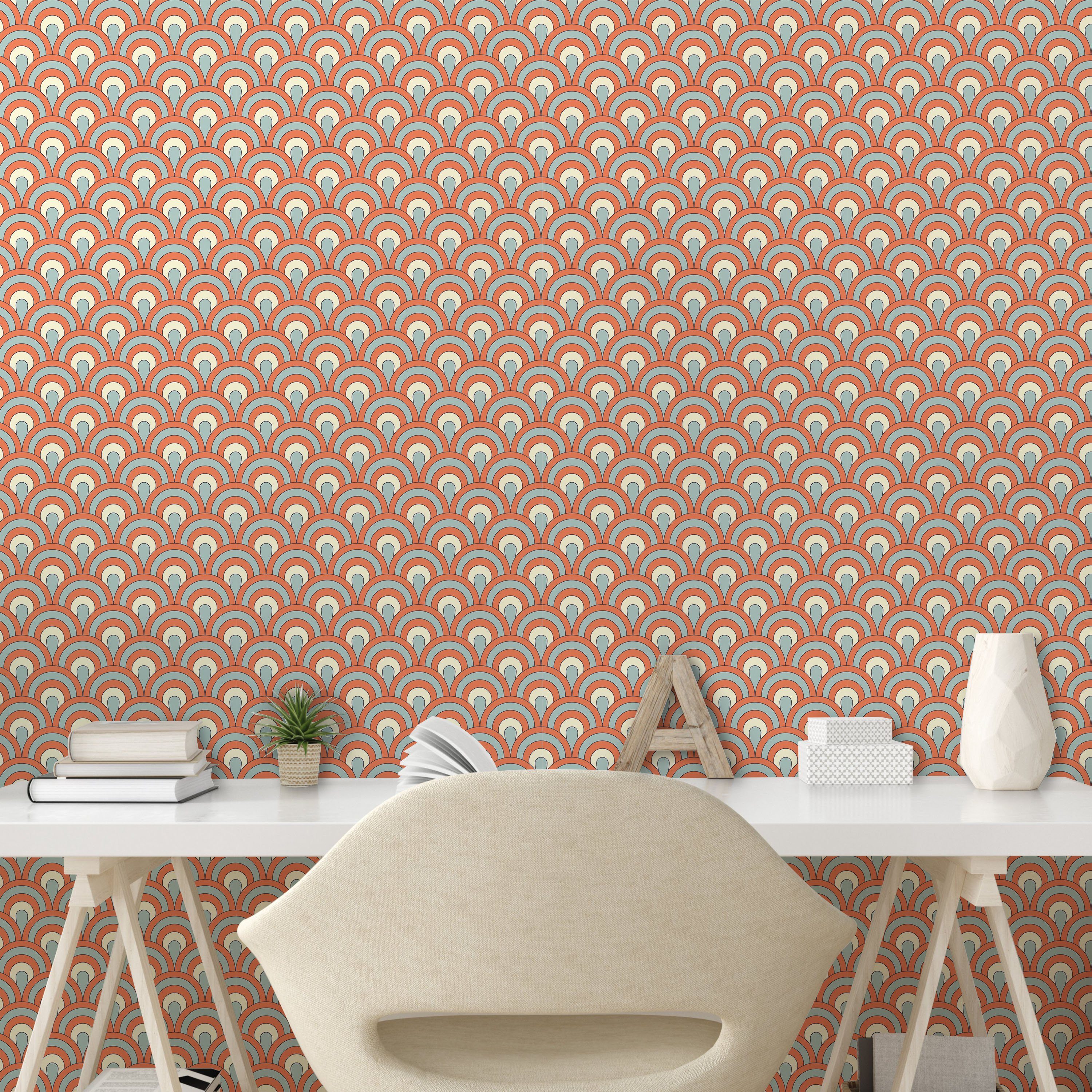 Küchenakzent, Orange Waves Overlapping Vinyltapete selbstklebendes Wohnzimmer Kurvige Abakuhaus