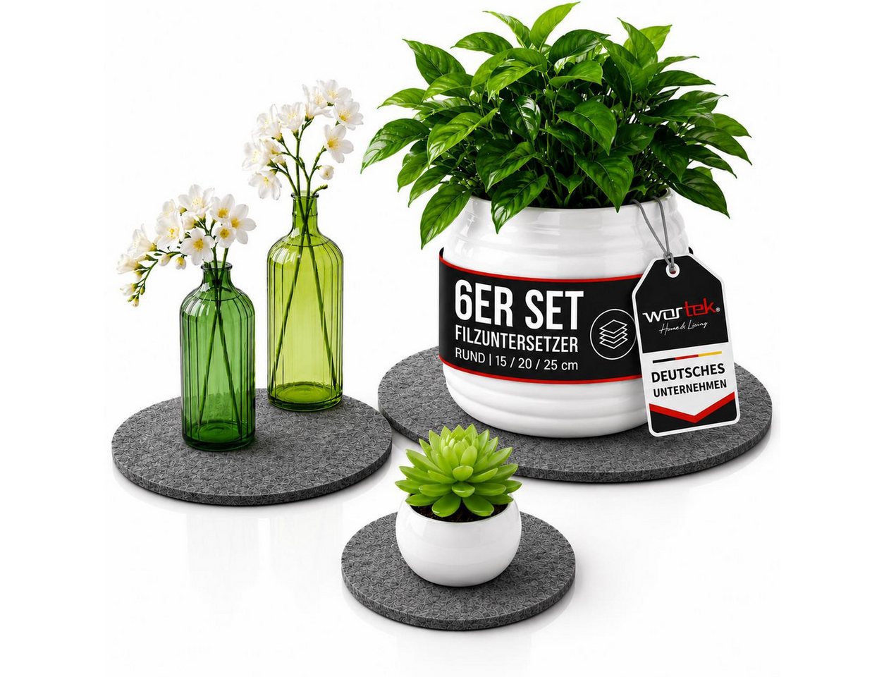 wortek Blumentopfuntersetzer Blumenuntersetzer Untersetzer rund für Vasen, Zubehör für Blumen oder Blumentöpfe & Co, Set, 6-tlg., Filz Unterlage Gläser Teller Blumentöpfe – waschbare Untersetzer