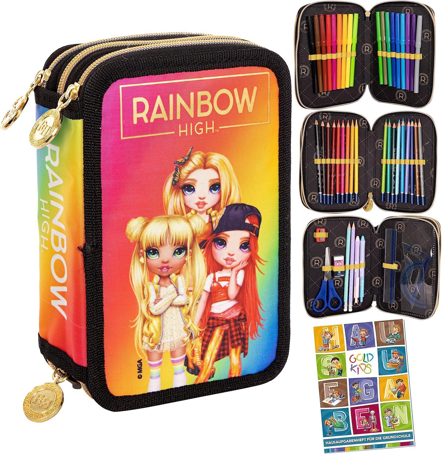 GOLDKIDS Federmäppchen Federtasche 3-fache Federmappe, (Rainbow High Golden Style Motiv Federmäppchen, 1-tlg., 46-teilig gefüllte Schüleretui Stifte und Pinsel inkl), Aufgabenheft Federbox Etui Schul-Etui