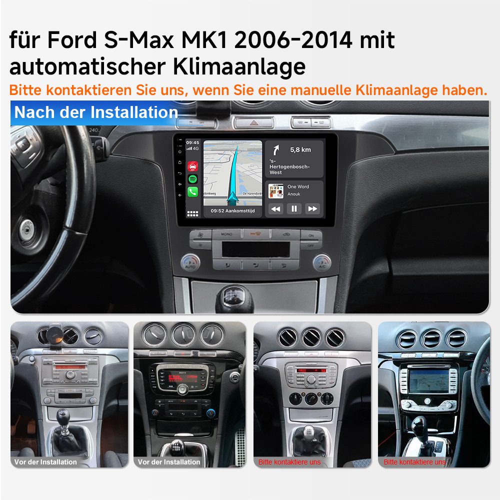 A-Sure 8-Kern 4+64GB DAB+ Für Ford S-Max 2007-2015 Android 15 Carplay GPS Autoradio (Bluetooth, Digitalradio (DAB), Apple Carplay, Siri, Mirrorlink, Google play, Netflix, Youtube, Calendar, TikTok)
