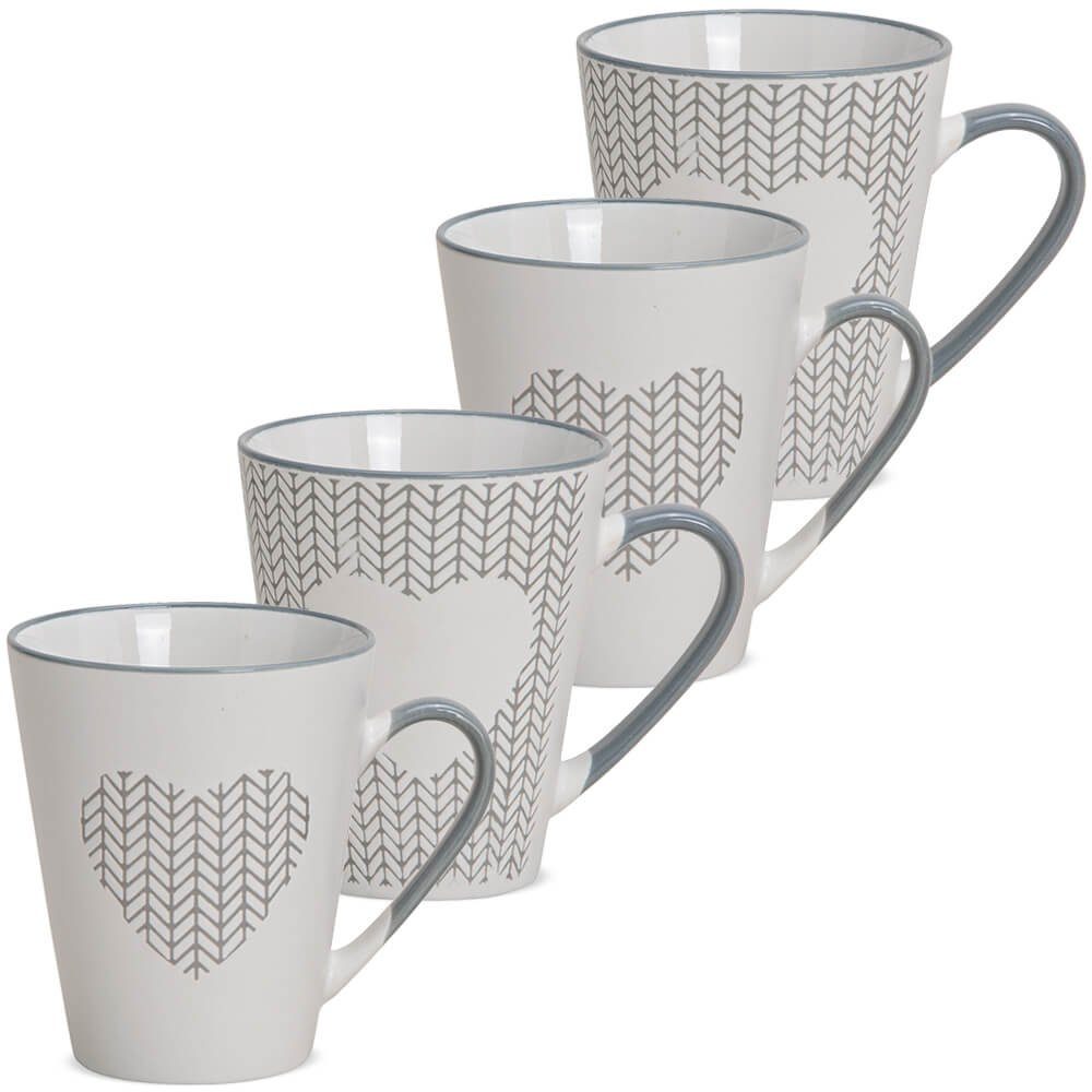 matches21 HOME & HOBBY Tasse Kaffeetassen 4er Set gestreifte Herzen Steingut, Keramik, Tee Kaffee-Becher, modern, grau weiss, 250 ml