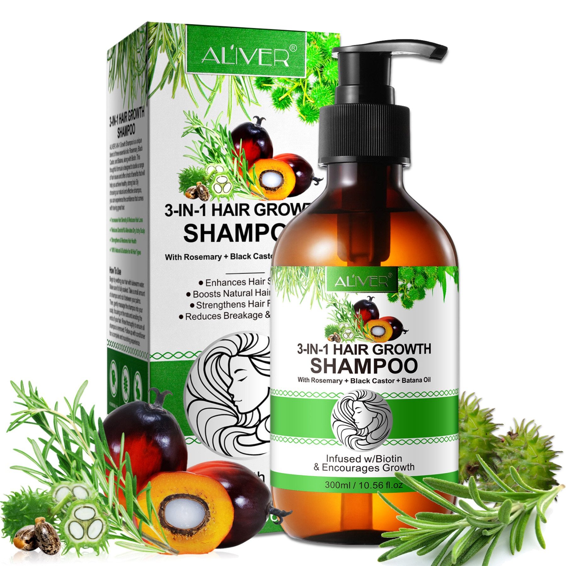 ALIVER Haarshampoo Rosmarin Rizinus Batana Öl mit Biotin für Kopfhaut Pflege Haarwachstum, 1-tlg., Anti-Frizz, Entwirrend, Feuchtigkeitsspendend, Haar-Repair, Haarwuchs