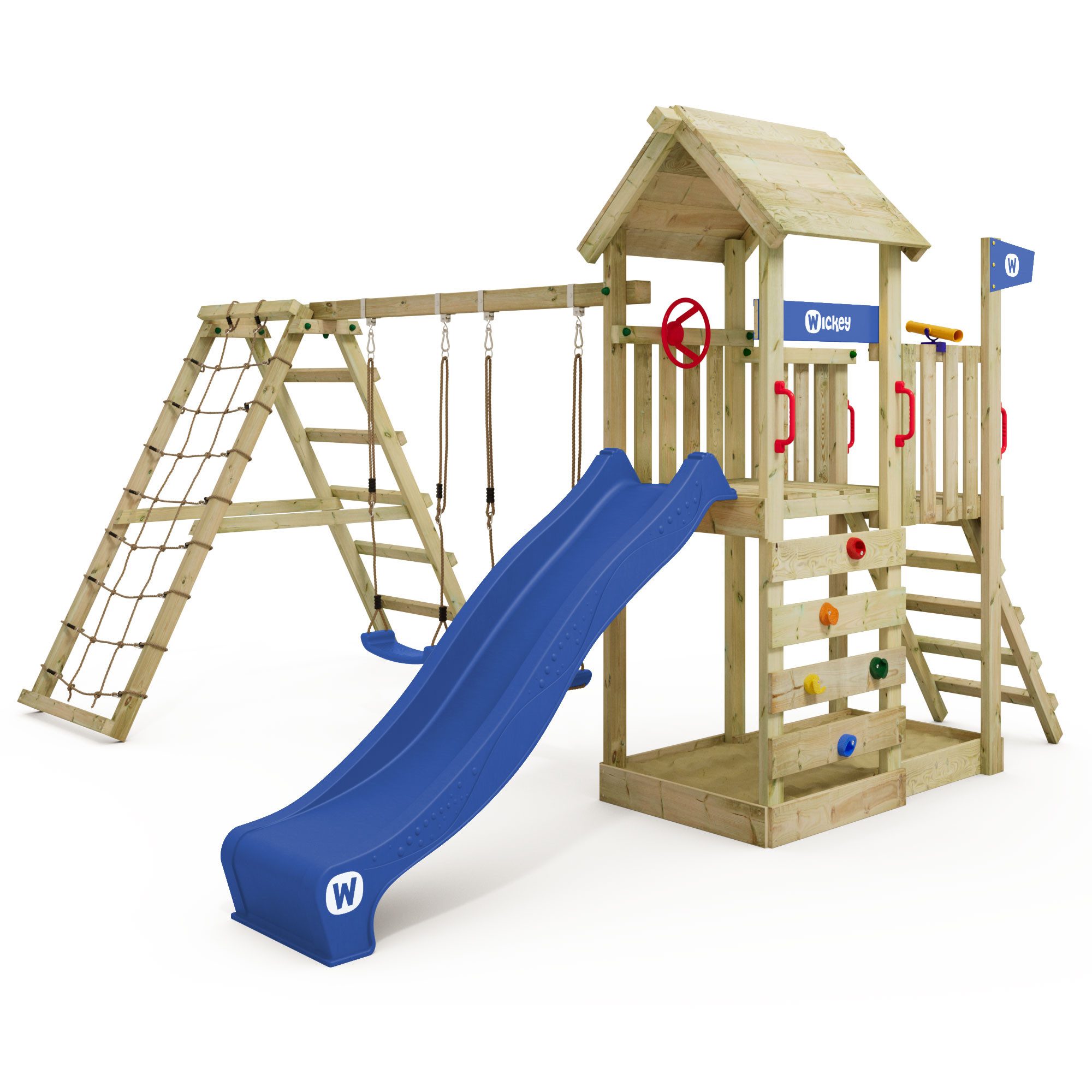 Wickey Spielturm RocketFlyer – Klettergerüst mit Kletteranbau, Rutsche & Doppelschaukel, Abenteuerspielplatz mit 10 Jahren Garantie*