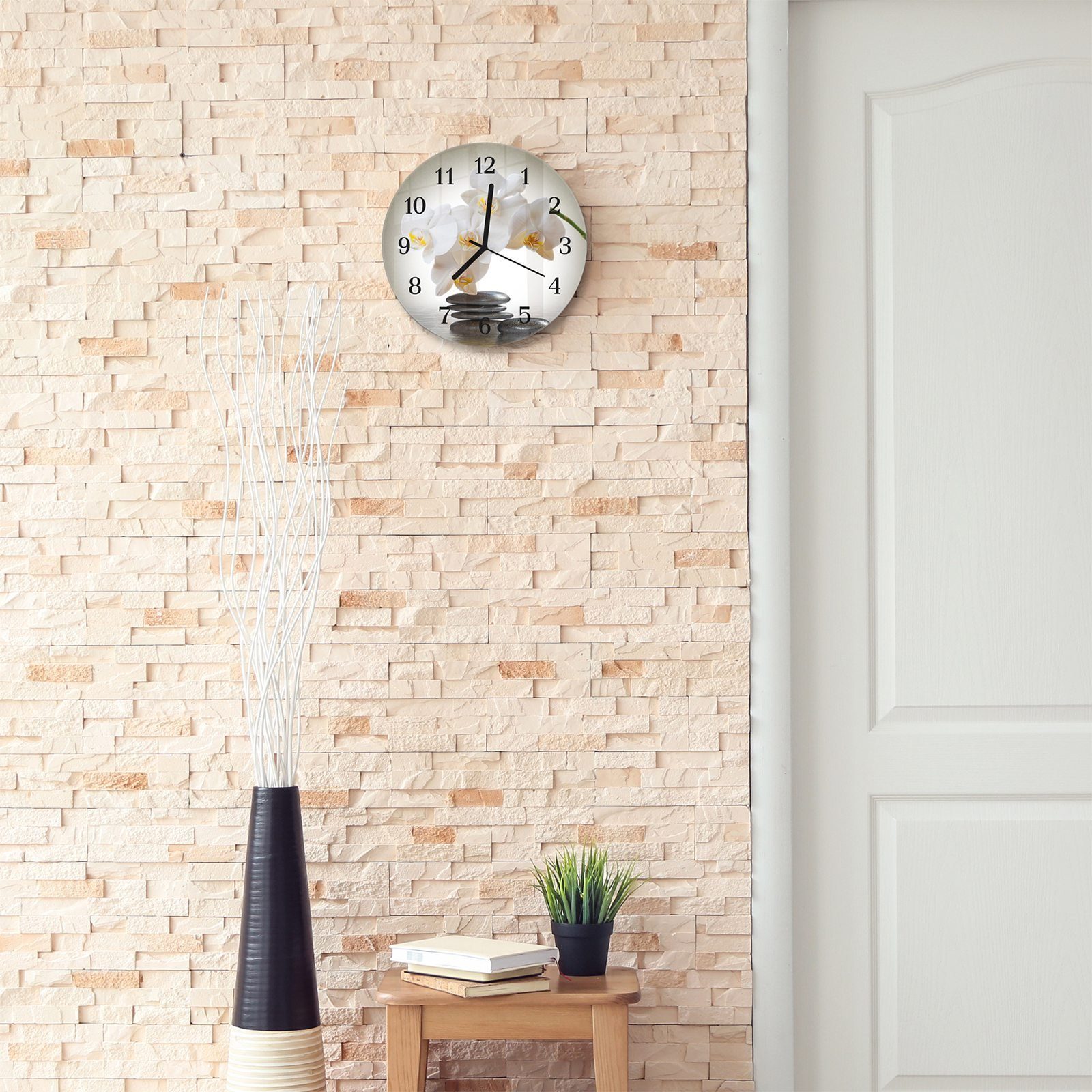 Primedeco Wanduhr Wanduhr aus Motiv und - 30 Durchmesser Quarzuhrwerk Steine und mit Rund Glas Orchideenblüten cm mit