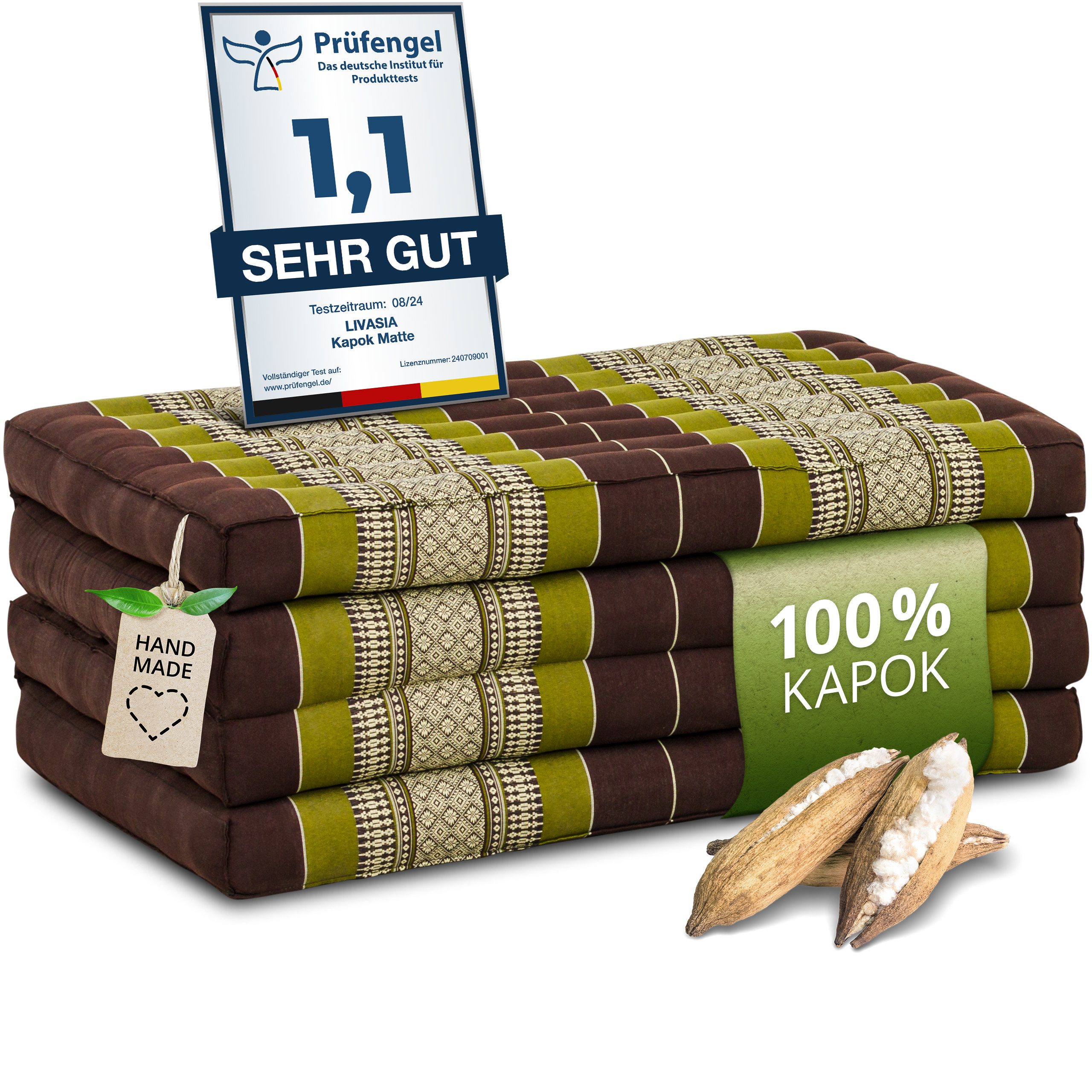 Klappmatratze Faltmatratze 80 cm (Classic) - 200x80x8cm, livasia, 8 cm hoch, Kapok, vegan, handgefertigt