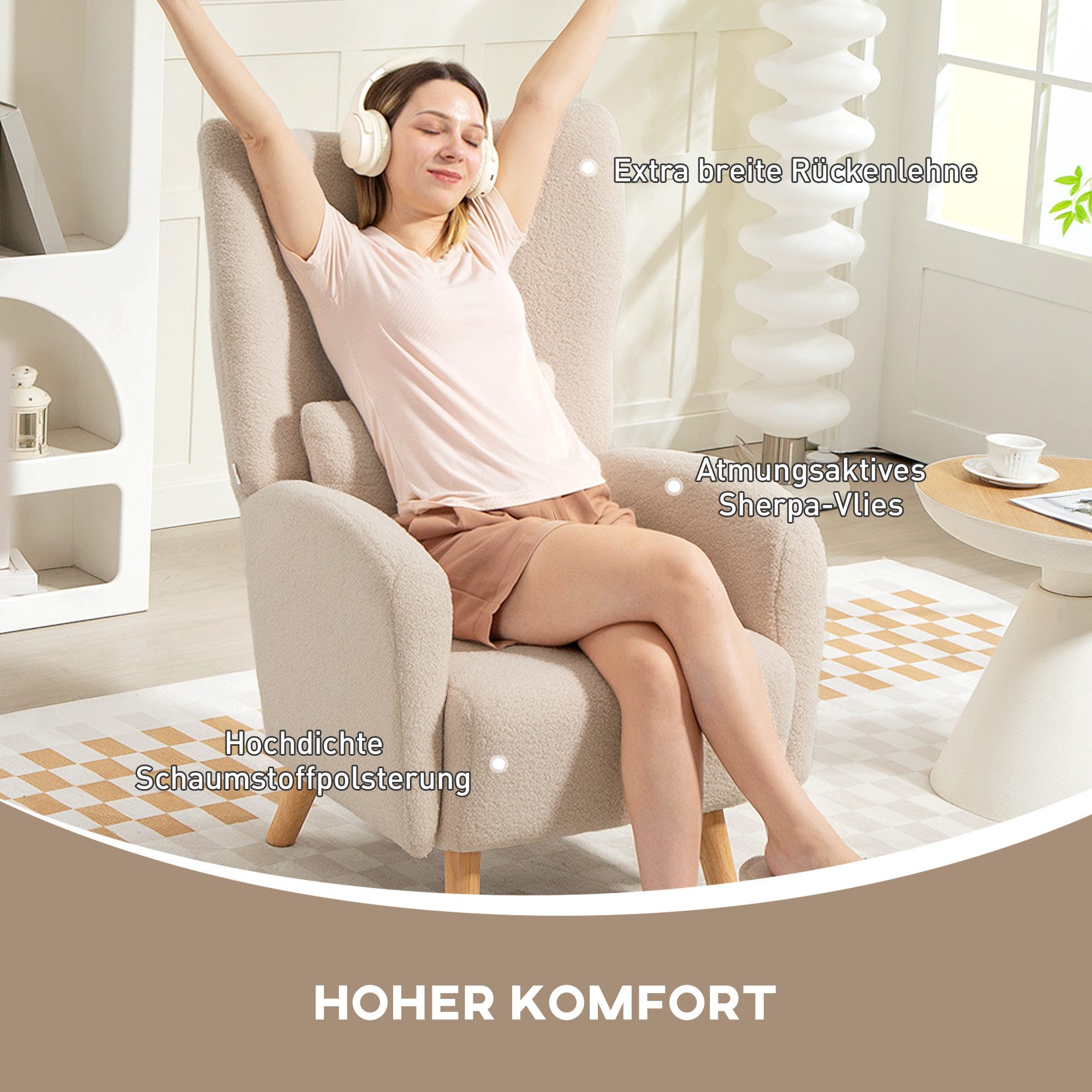 HOMCOM Relaxsessel Ohrensessel mit Lendenkissen, Geplosterter Sessel, Holzbeine (Loungesessel, 1-St., Relaxsessel), für Wohnzimmer, Schlafzimmer, Beige – Bild 4 von 5