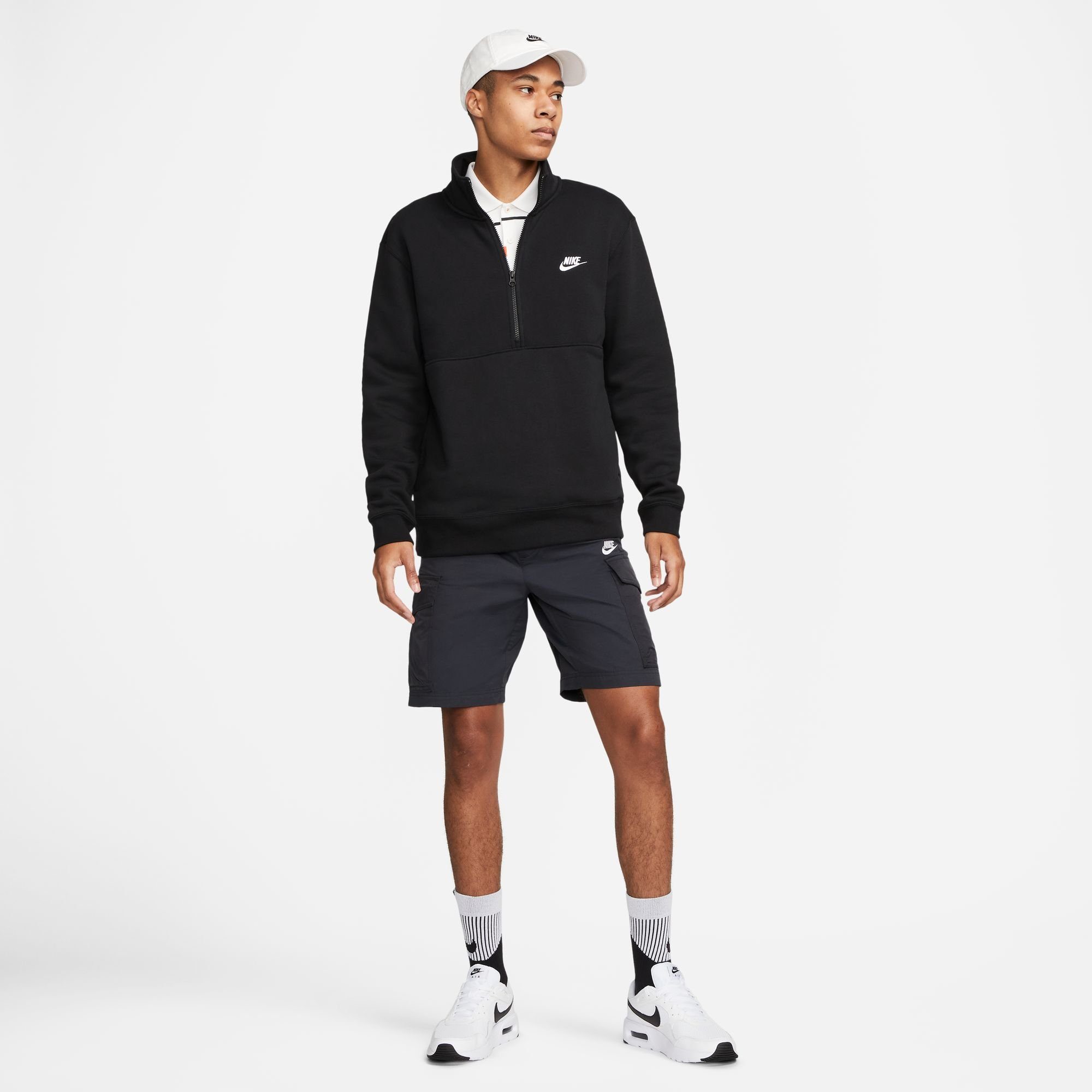 Nike Sportswear Sweatshirt CLUB MEN'S BLACK/BLACK/WHITE PULLOVER BRUSHED-BACK 1/-ZIP