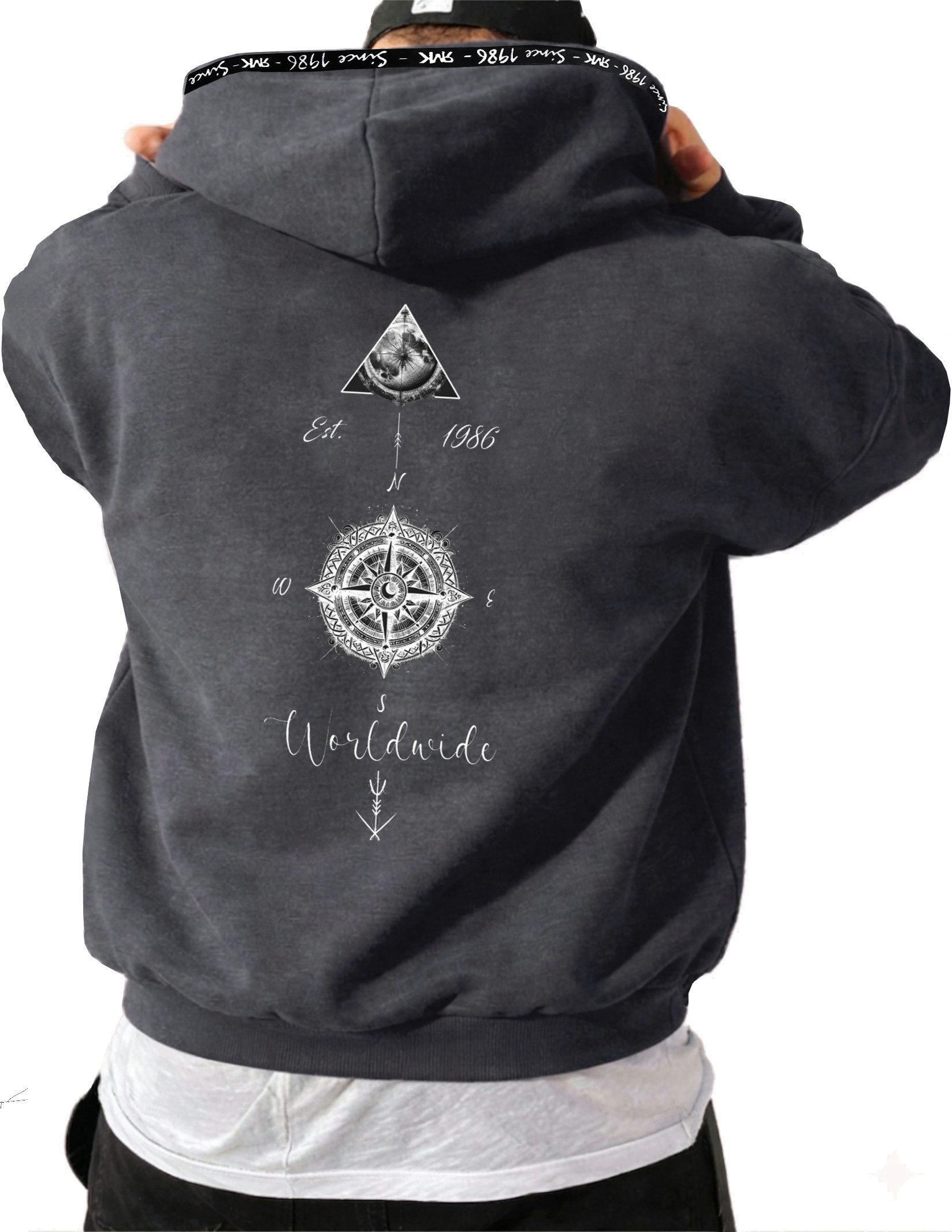 RMK Hoodie Herren Hoodie Pullover Basic Rundhals Kompass Welt
