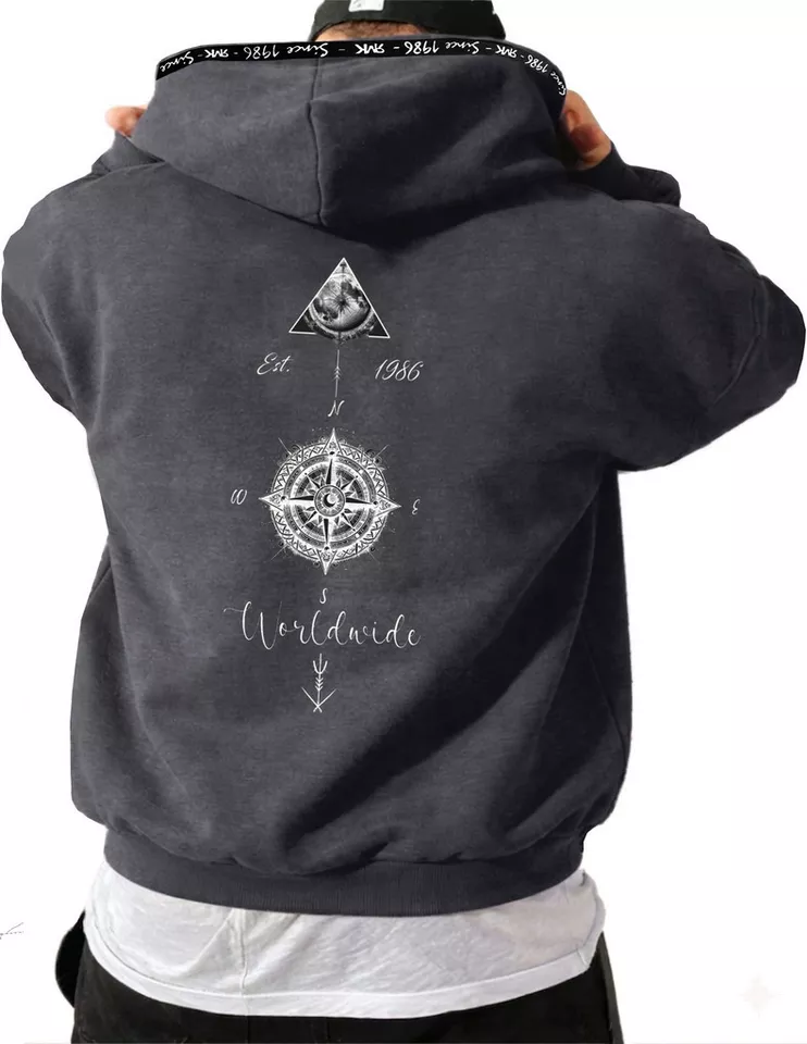 RMK Hoodie Herren Hoodie Pullover Basic Rundhals Kompass Welt