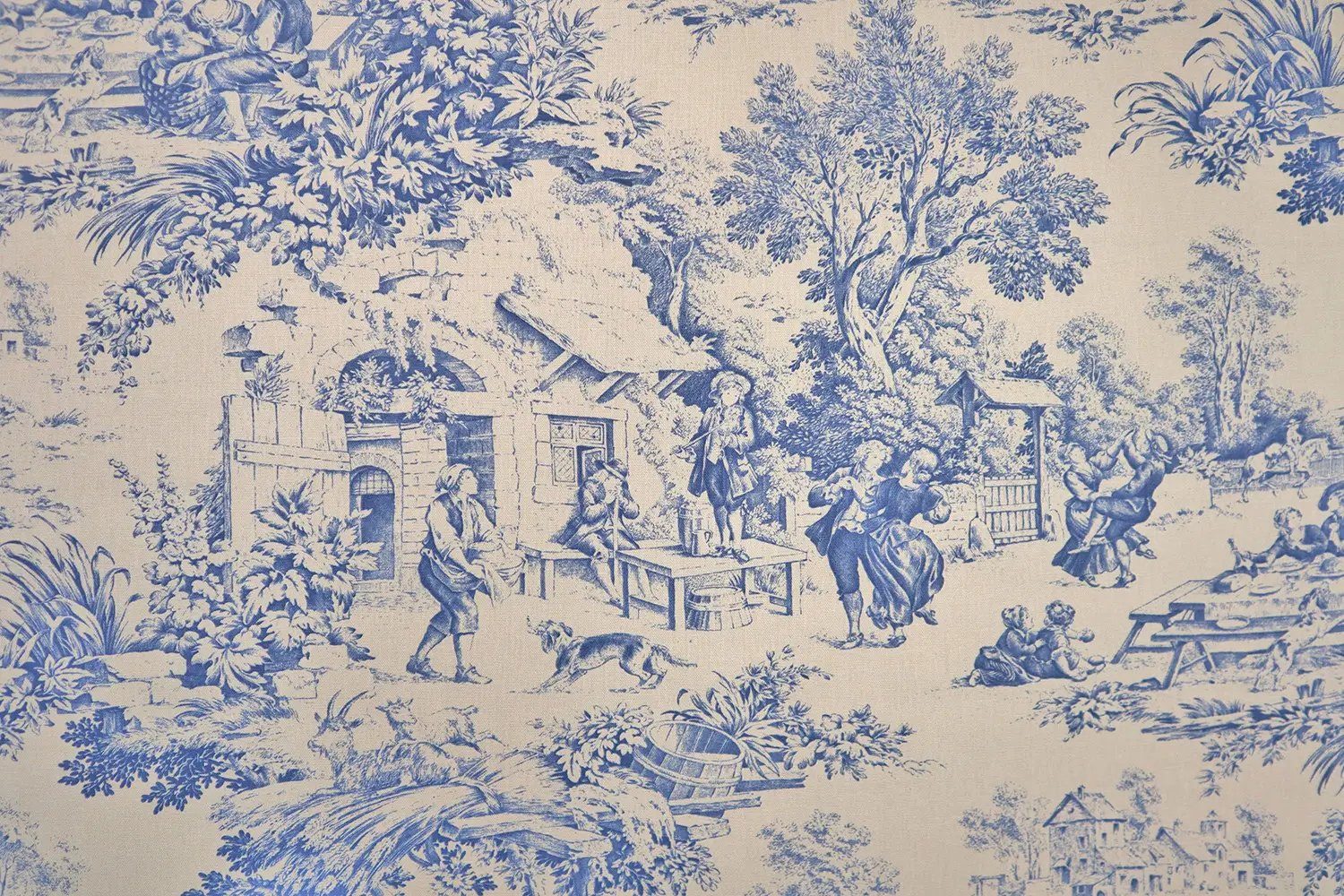 Stofferia Stoff Dekostoff Baumwolle Toile de Jouy Banquet Blau, Meterware