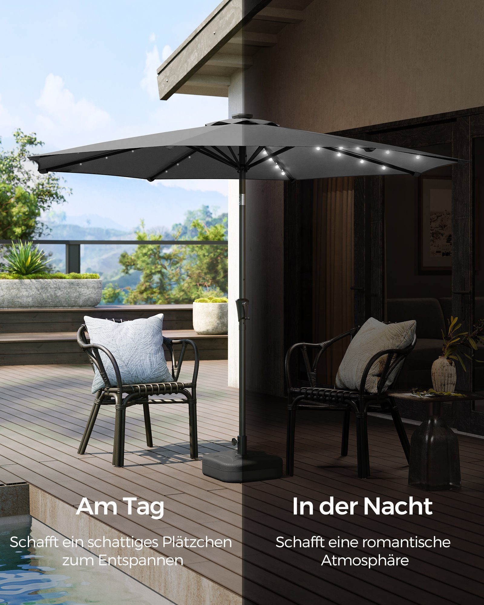 SONGMICS Sonnenschirm, ∅300cm,mit LED-Solar-Beleuchtung,UPF50+,ohne Ständer