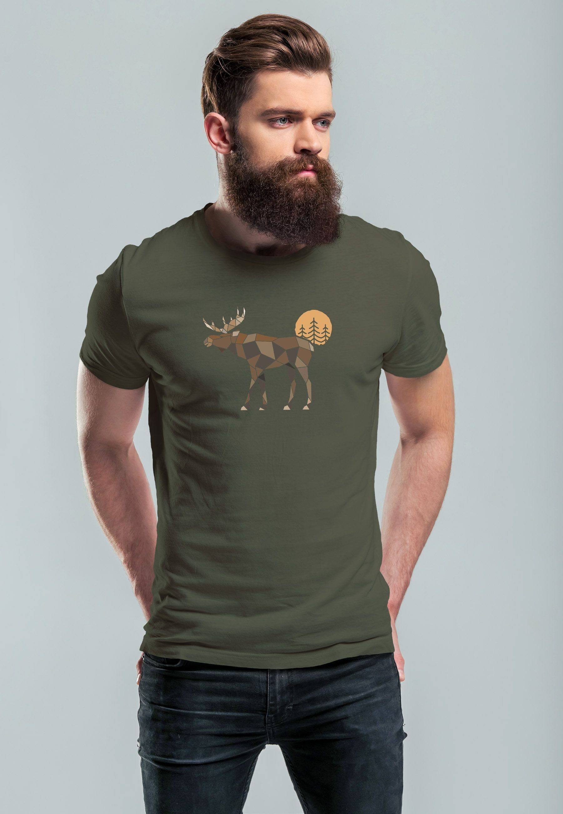 T-Shirt Elch Shirt Moti Polygon mit Neverless mit Print Print-Shirt Printshirt Outdoor Herren army Aufdruck