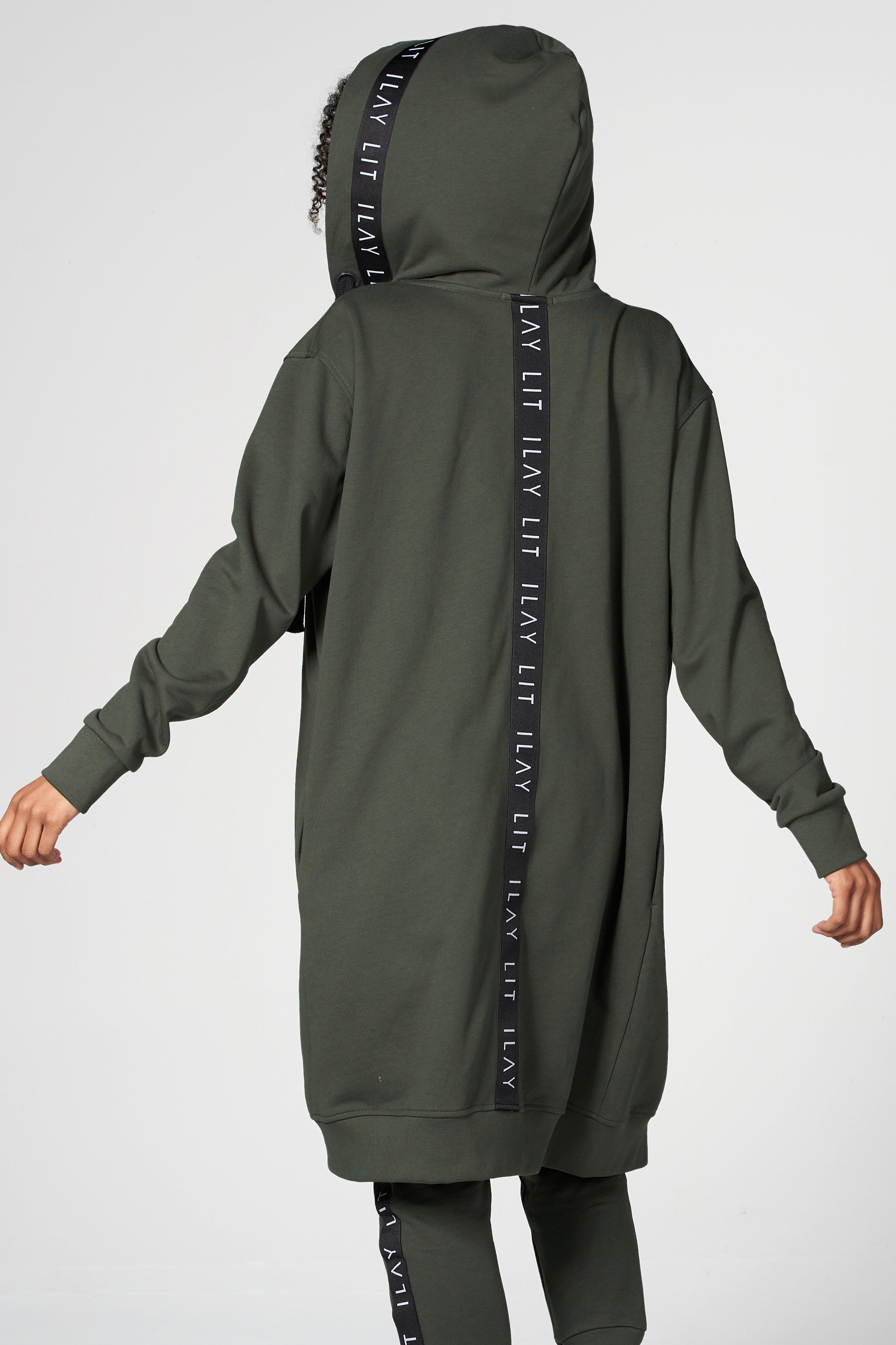 ILAY Lit Kapuzensweatjacke Midi Coat-Olive-Lässiger Hoodiemantel im Urban Style Labelband am Rücken