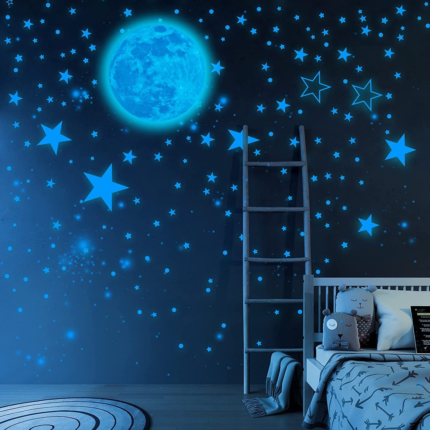 Haiaveng Wandtattoo Leuchtsterne Selbstklebend Kinderzimmer Wandsticker, Leuchtsticker Wandtattoo, Mond und Sterne Fluoreszierend Wandaufkleber | Wandtattoos