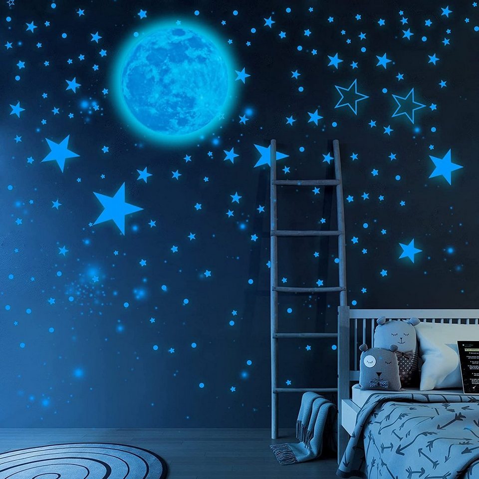 Haiaveng Wandtattoo Leuchtsterne Selbstklebend Kinderzimmer Wandsticker,  Leuchtsticker Wandtattoo, Mond und Sterne Fluoreszierend Wandaufkleber