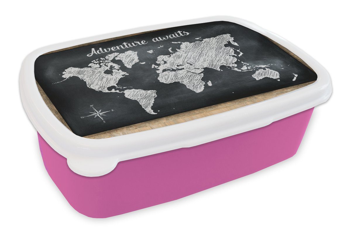 MuchoWow - rosa Mädchen, Lunchbox Weiß, - Brotdose für Kreidetafel Snackbox, Brotbox Kunststoff, Kinder, Kunststoff Weltkarte (2-tlg), Erwachsene,