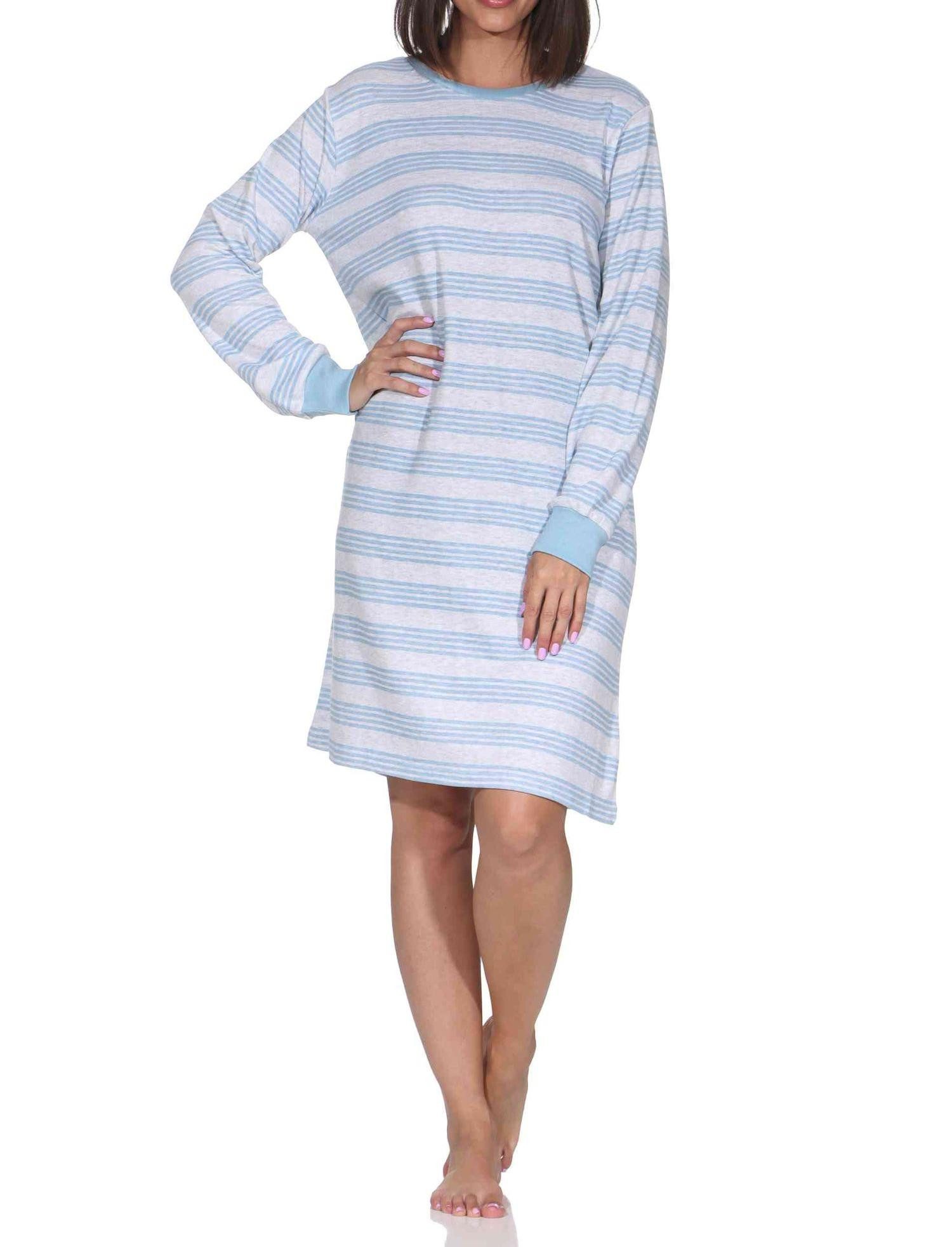 Normann Nachthemd Damen Nachthemd in Kuschel Interlock mit Bündchen in Streifen Optik