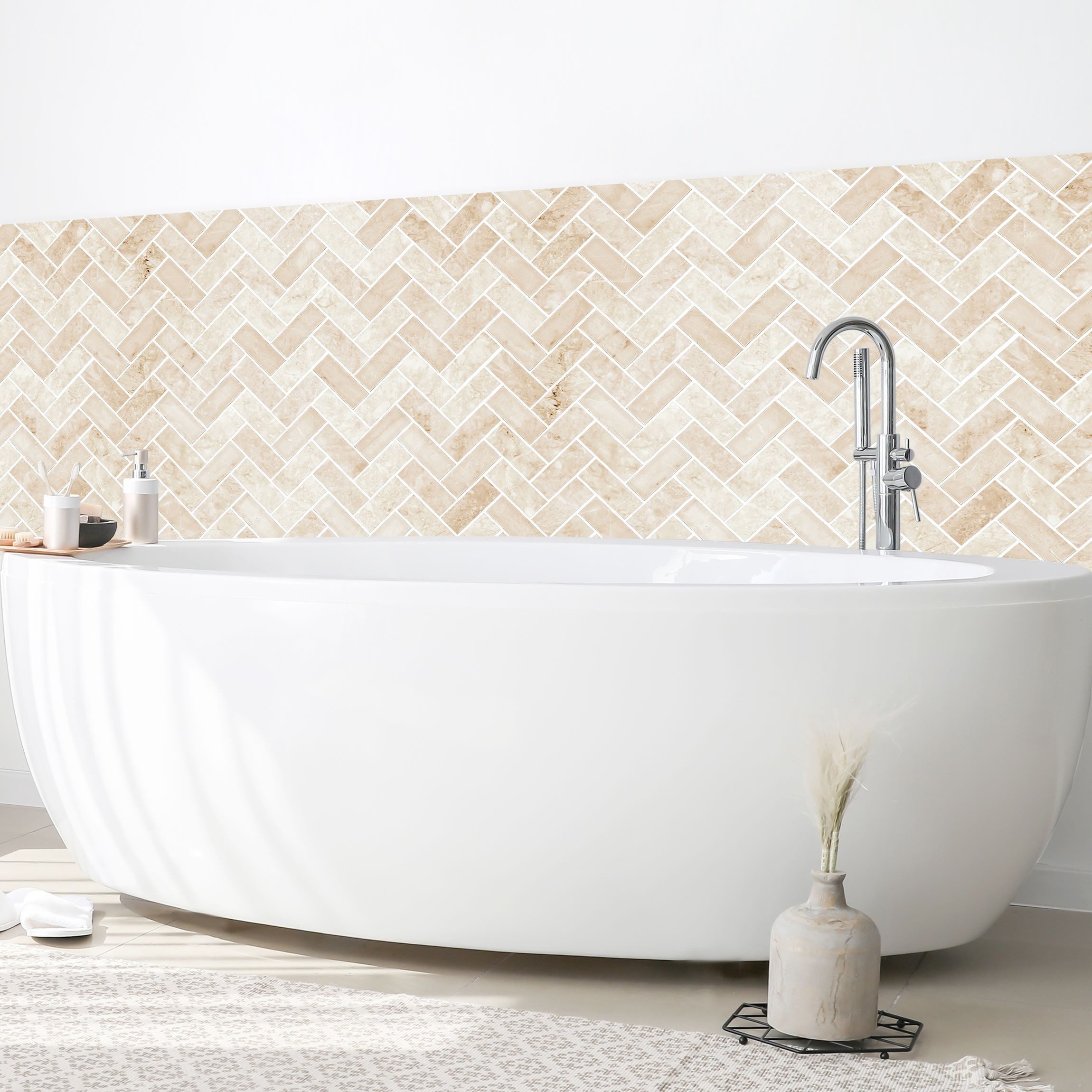 Bilderdepot24 Badrückwand beige fugenlose Wandverkleidung Bad Abstrakt, (Hartfolie matt » Selbstklebend SMART 0,35 mm), wasserfestes Wandpaneel Marmor Fischgräten Beige