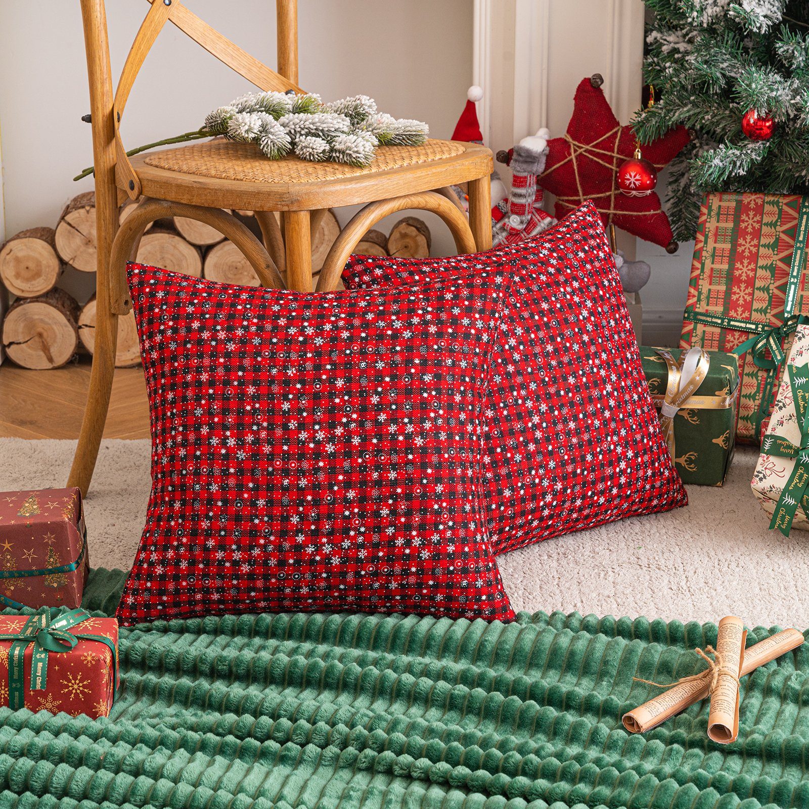 Sunicol Weihnachten #1 Throw Kissenbezug (2 Kissenbezug,45x45cm, Deko Party Stück), Check&Schneeflocke Kissenbezüge Sofa