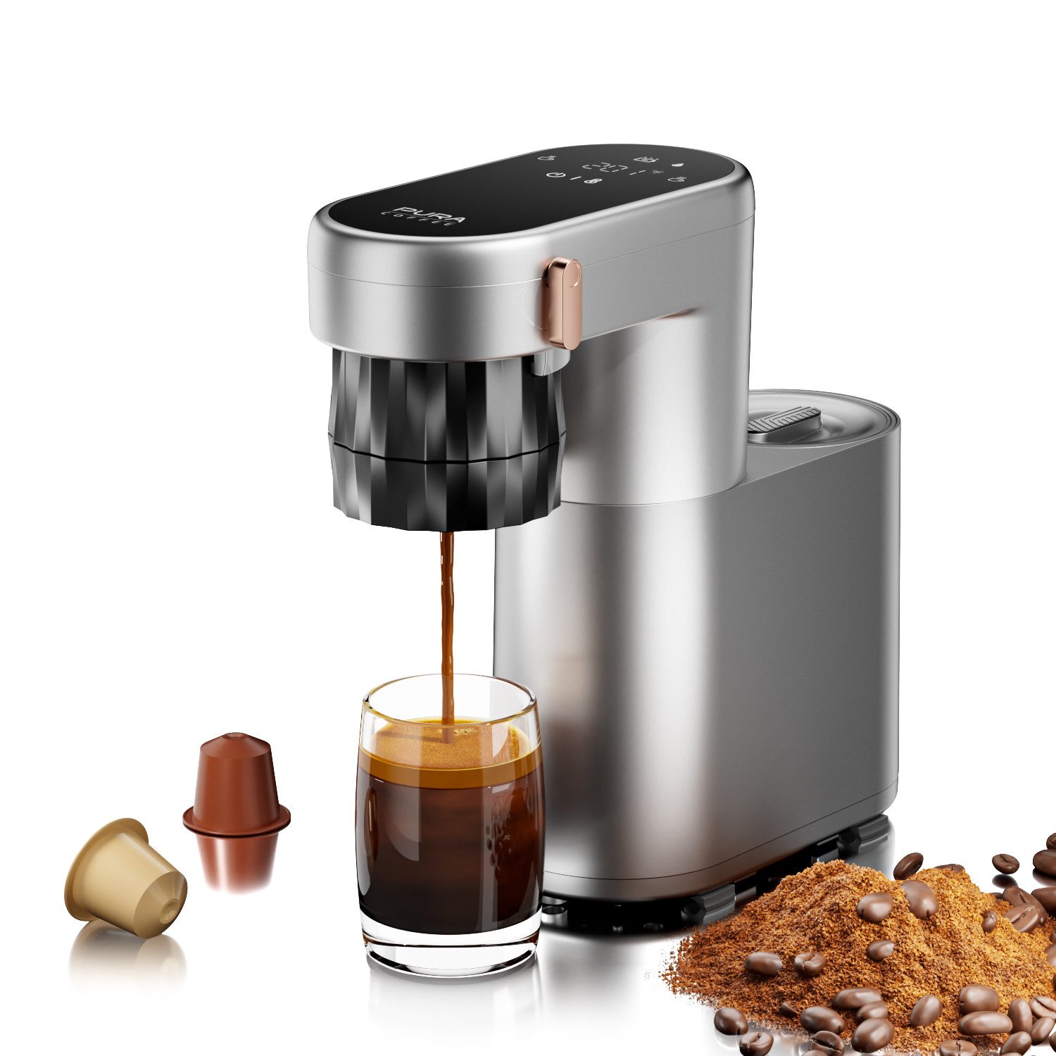 PURA COFFEE Espressomaschine C1, Für Kapseln & gemahlenen Kaffee Für Nespresso-Kapseln, 3-Sekunden Heißaufheizung, 20Bar