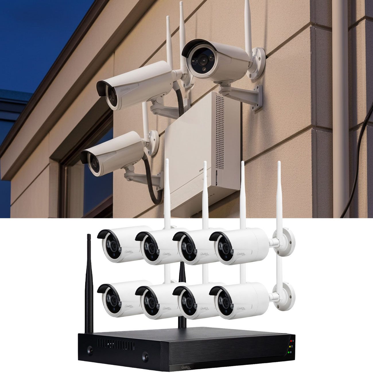 Casativo Überwachungskamera 150m Profi Funk Überwachungssystem 8 QHD-2K IRKameras & Rekorder IP66 (Außenbereich, Personenerkennung, Reichweite 150 Meter, Nachtsicht 25 Meter, Tuya App)