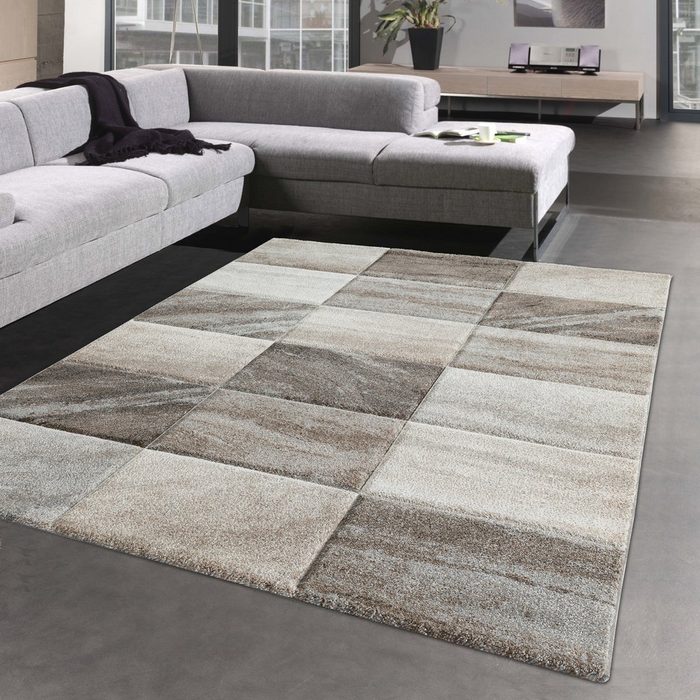 Teppich Wohnzimmerteppich mit modernem Konturenschnitt • Karos in beige Carpetia rechteckig Höhe: 13 mm