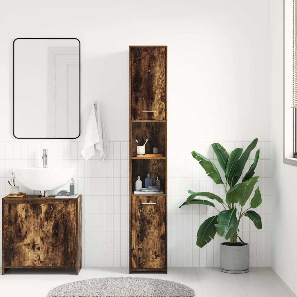 furnicato Badkommode Badezimmerschrank 30x30x183,5 cm in Räuchereiche mit viel Stauraum, Feuchtigkeitsbeständiges Standregal mit 6 Fächern und Wandhalterung