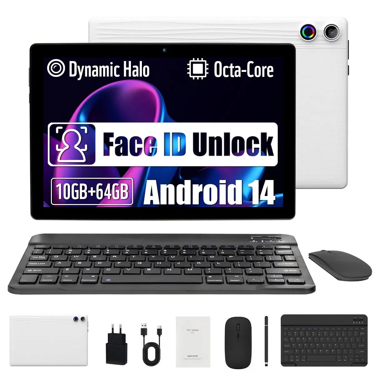 Happybe 10 Zoll Android 14, 1280x800 IPS HD, 10(3+7)GB RAM, 64GB, WiFi 6 Tablet (10", 64 GB, Android, WiFi6, Großbs Display Tablet mit Stift, Tastatur und Maus, Widevine L1)