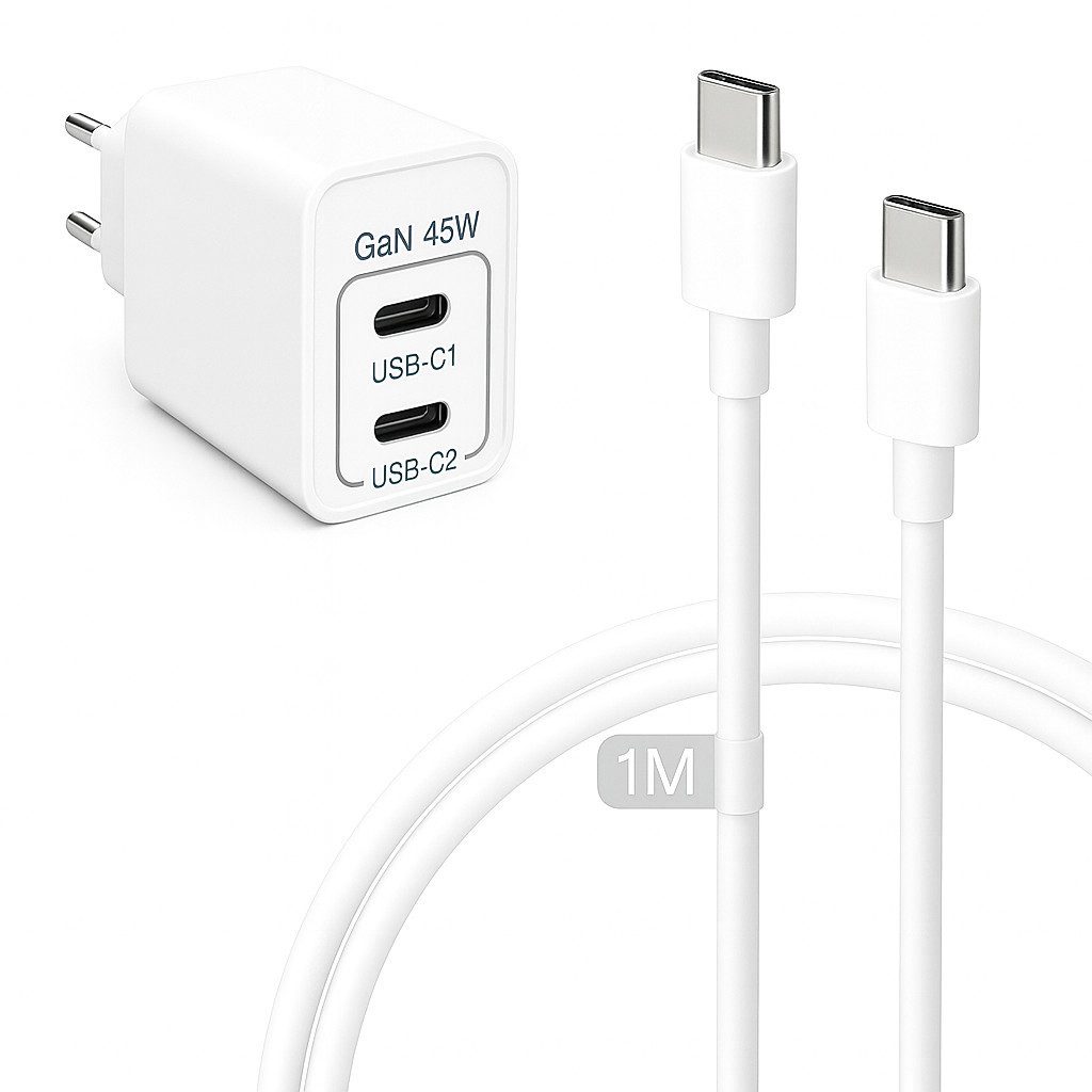 Alpha Electronics 45w Ladegerät USB C Charger Smartphone-Ladegerät (3000 mA, Spar-Set, 2-tlg., Universelle Kompatibilität, Handy Tablet + 60W USB-C Ladekabel 1m 2m, Samsung S25 S24 S23 iPhone 17 16 15, Huawei, Xiaomi, Schnellladegerät)
