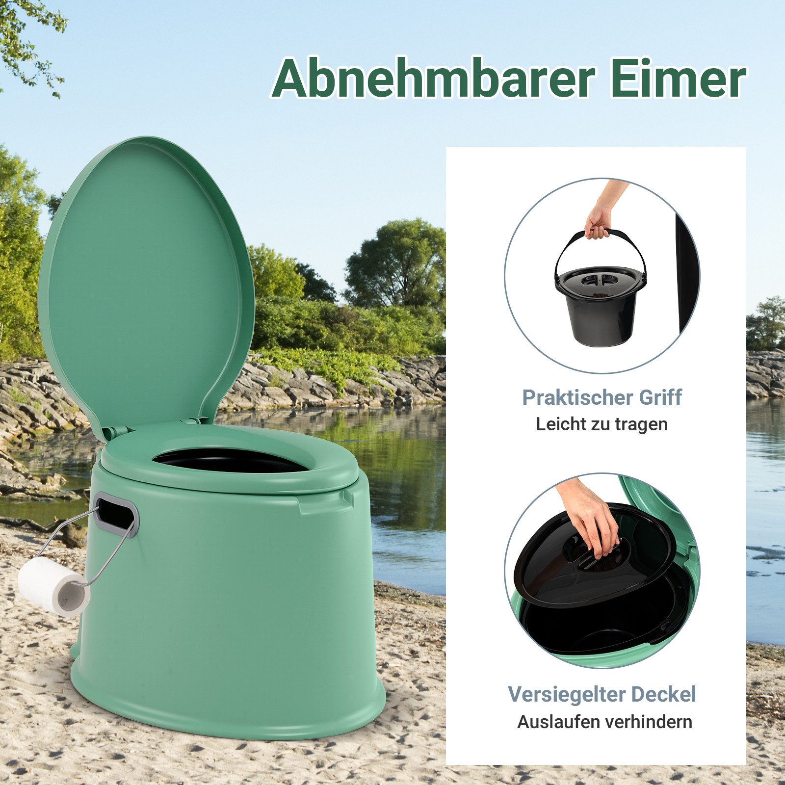 COSTWAY Campingtoilette, tragbar, mit abnehmbarem Eimer, Papierhalter
