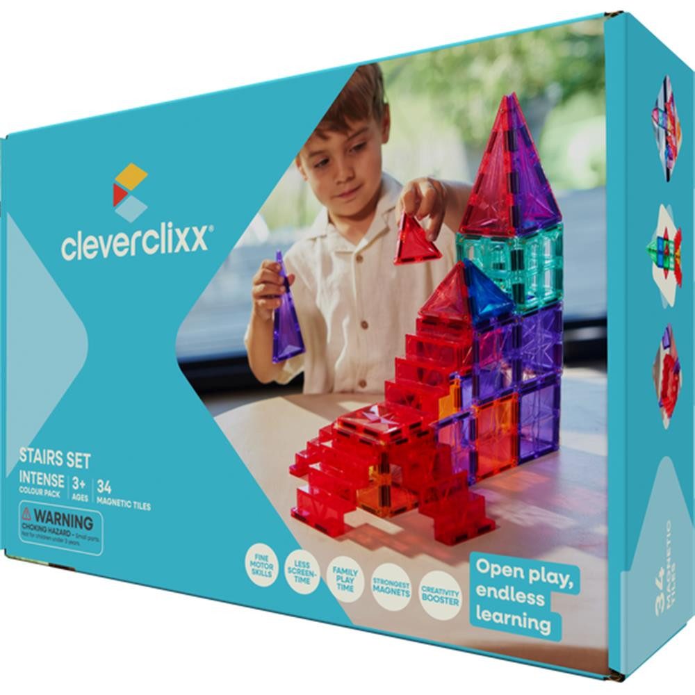 Cleverclixx Treppen Set Knallfarben 34 Teile Magnetspielbausteine, langlebiges Magnetspielzeug, robuste Bauweise, erweiterbare Sets