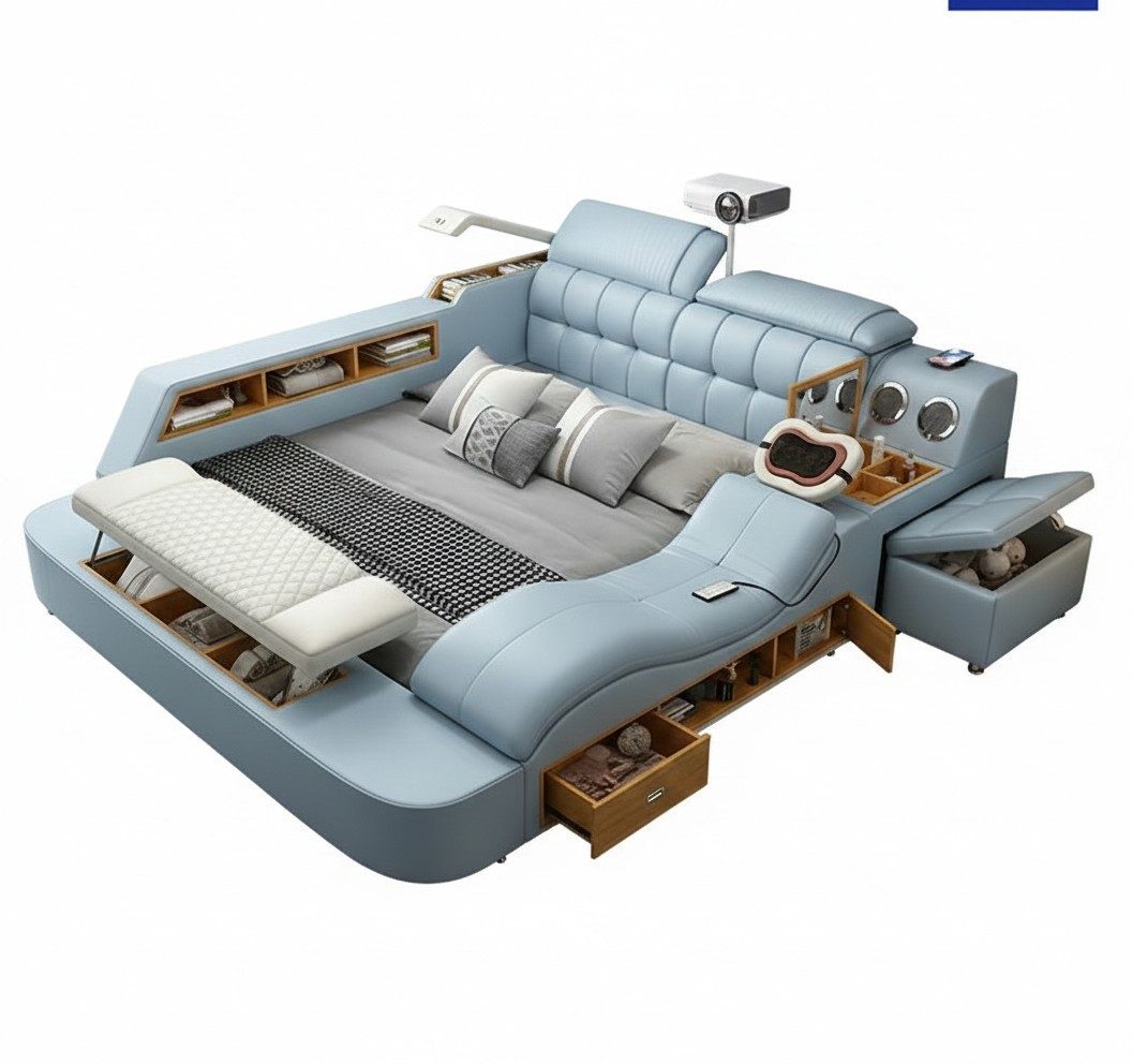 Xlmoebel Multimediabett Multifunktionales Bett im modernen Stil mit beigem Holzrahmen (2-tlg), Made in Europa