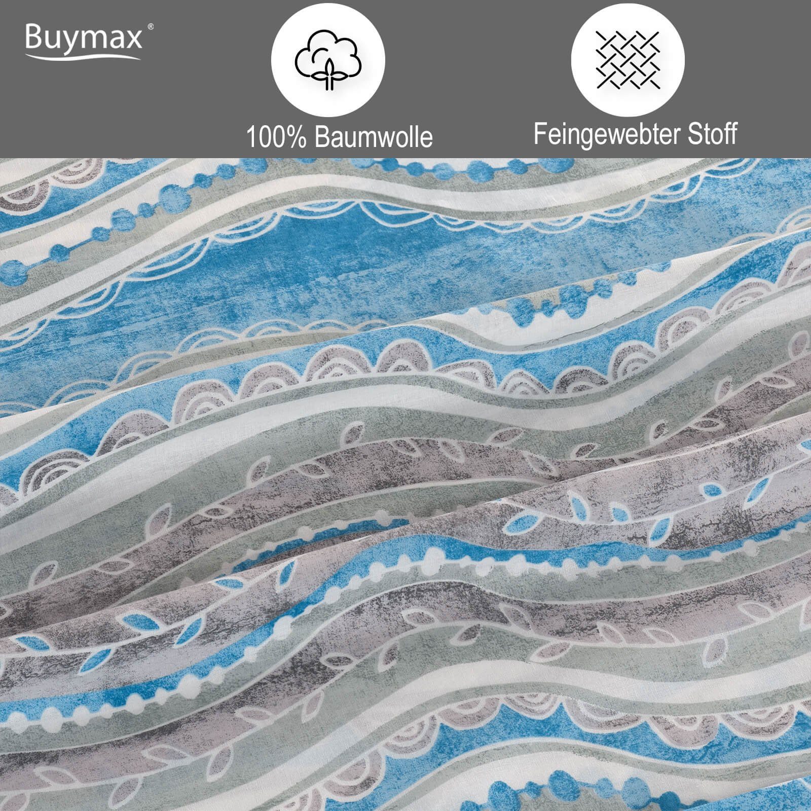 Buymax Bettwäsche Mella, Renforce: 100% Baumwolle, 2 teilig, 155x220 cm Bettbezug Set, mit Reißverschluss, Streifen, Blau Weiß Grau