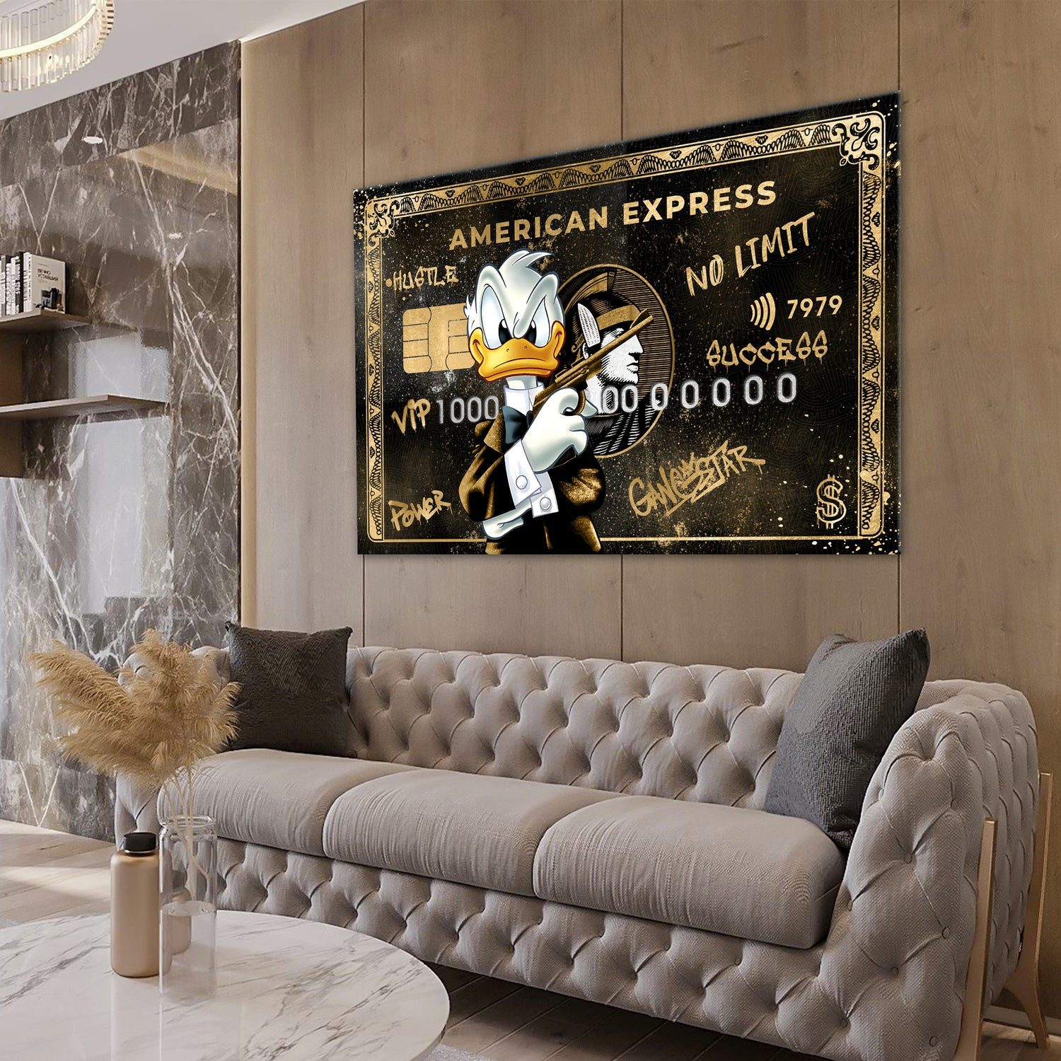 Artedinoi Leinwandbild Duck Gangster Style Karte Pop Art Wandbild Leinwandbild Kunstdruck XL, Comic-Ente als Gangster mit Karte