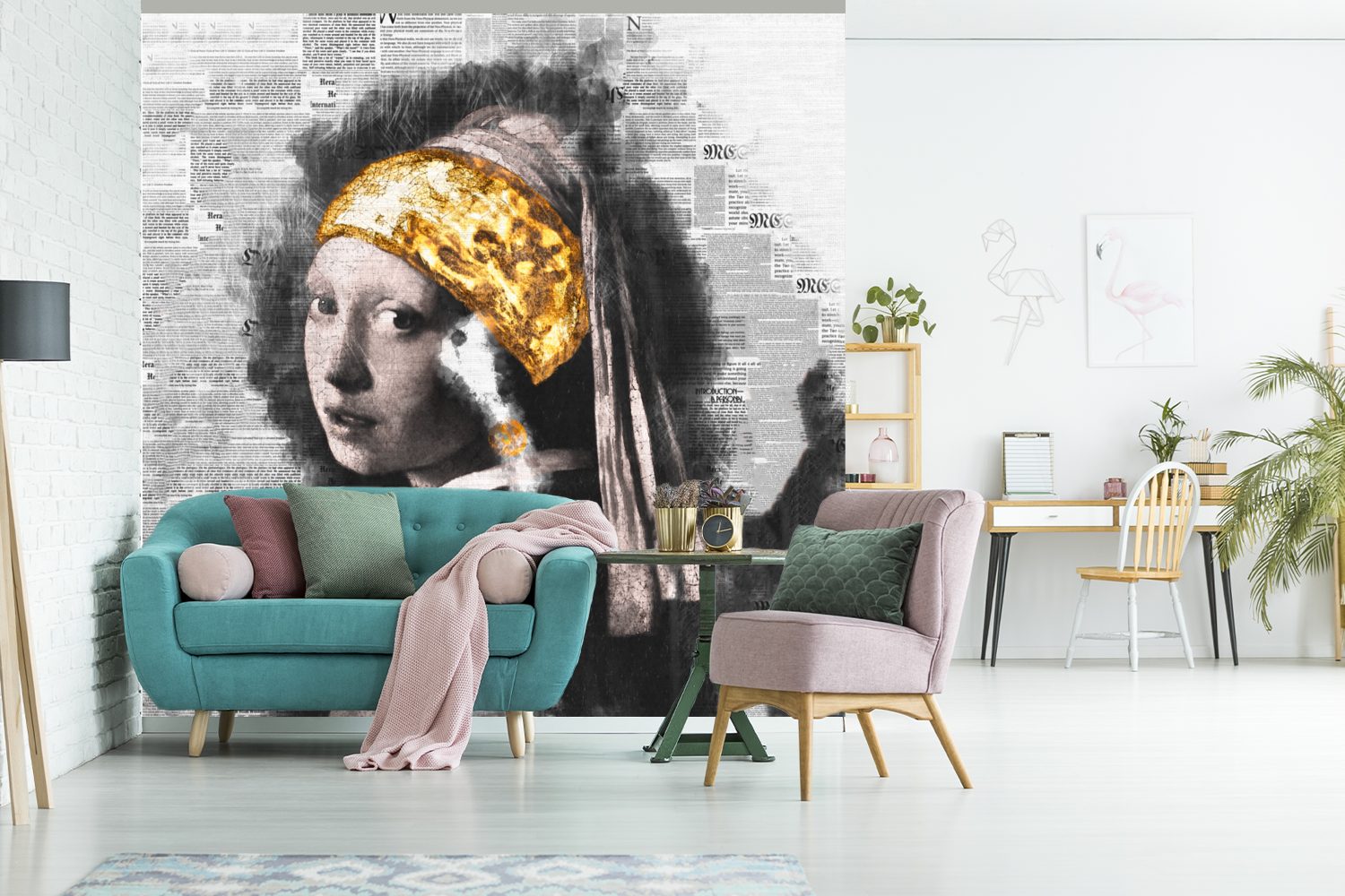 für - - (5 Vinyl Tapete mit Schlafzimmer, Das dem Fototapete Vermeer oder Perlenohrring Matt, bedruckt, St), Wohnzimmer Gold, Wandtapete MuchoWow Mädchen