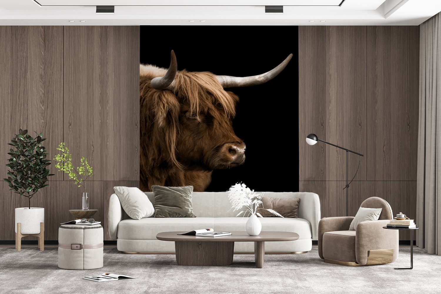 Kühe Wohnzimmer, (4 Wandtapete Tapete St), - Schottischer Matt, für Highlander - Montagefertig Schwarz, MuchoWow bedruckt, Fototapete Vinyl