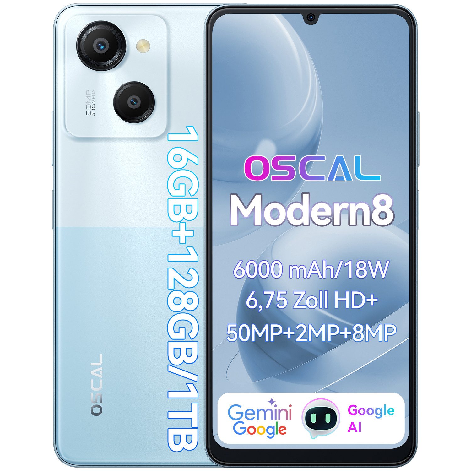 OSCAL MODERN8 128GB AI Smartphone (6.75 Zoll, 128 GB Speicherplatz, 50 MP Kamera, 90 Hz, 6000mAh Akku, Fingerabdruck, Gemini AI, 4G Dual SIM)