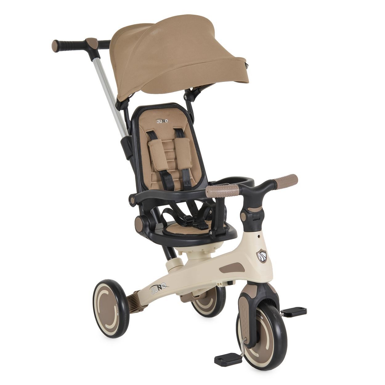 Byox Dreirad Juno 4 in 1, EVA-Räder, Schiebegriff, 360° drehbarer Sitz, Sonnendach, Fußstütze