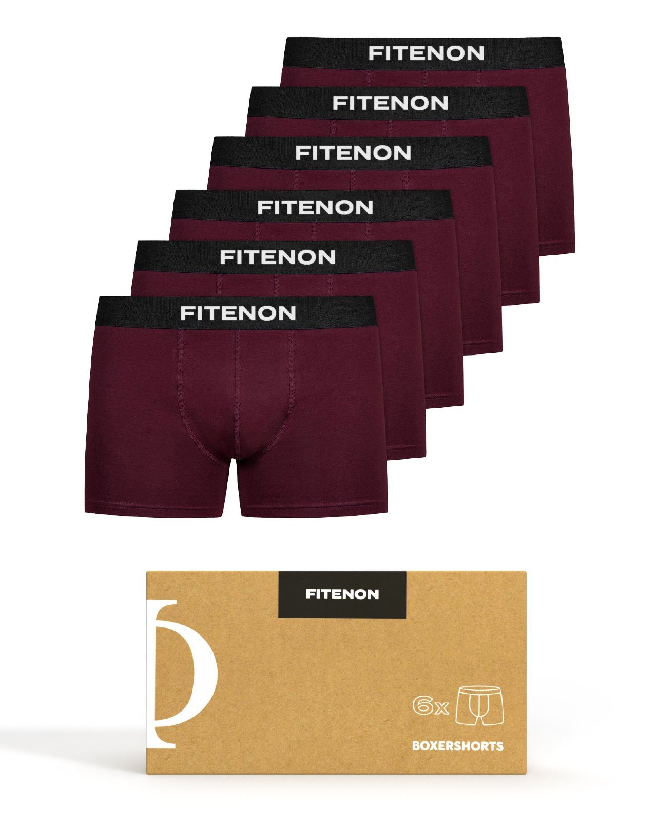 FITENON Boxershorts Herren Unterhosen, Unterwäsche, ohne kratzenden Zettel, Baumwolle (6 er Set) mit Logo-Elastikbund 6x Burgunderrot