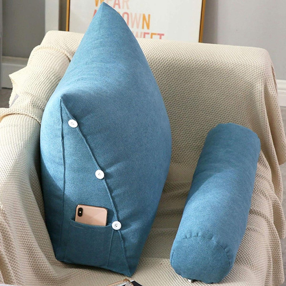 götäzer Rückenkissen Dreieckiges Kissen und Mit Bett-Nackenkissen (45 cm) Nachttischkissen, als Seitentaschen, Rückenlehne Blau