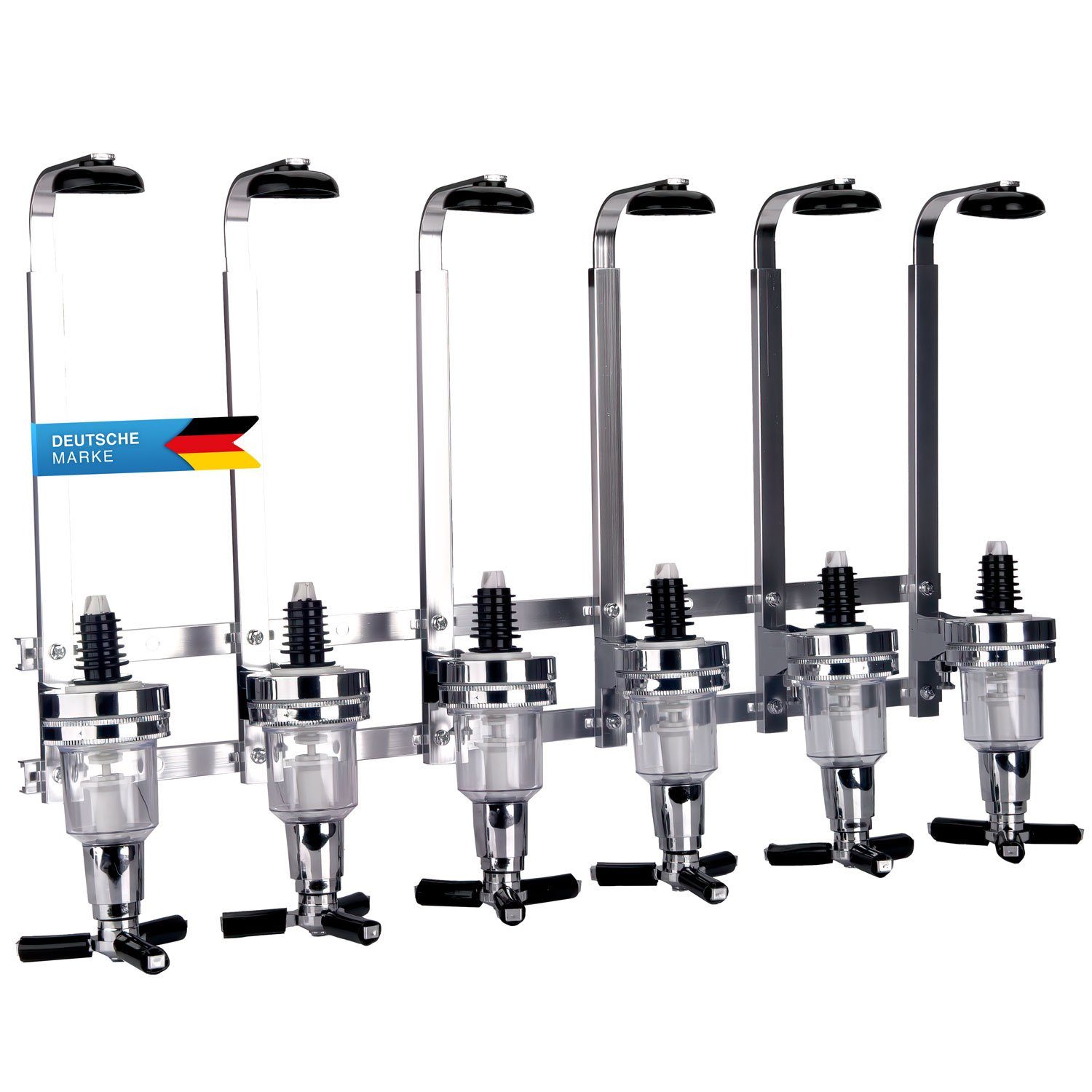 Goods+Gadgets Flaschenhalter Wandmontierter Flaschenhalter & Bar Butler – Spirituosenspender 4 cl, (Bar Butler Flaschenhalter, 6-St., Schnaps Getränkeportionierer), mit 4cl-Dosierer