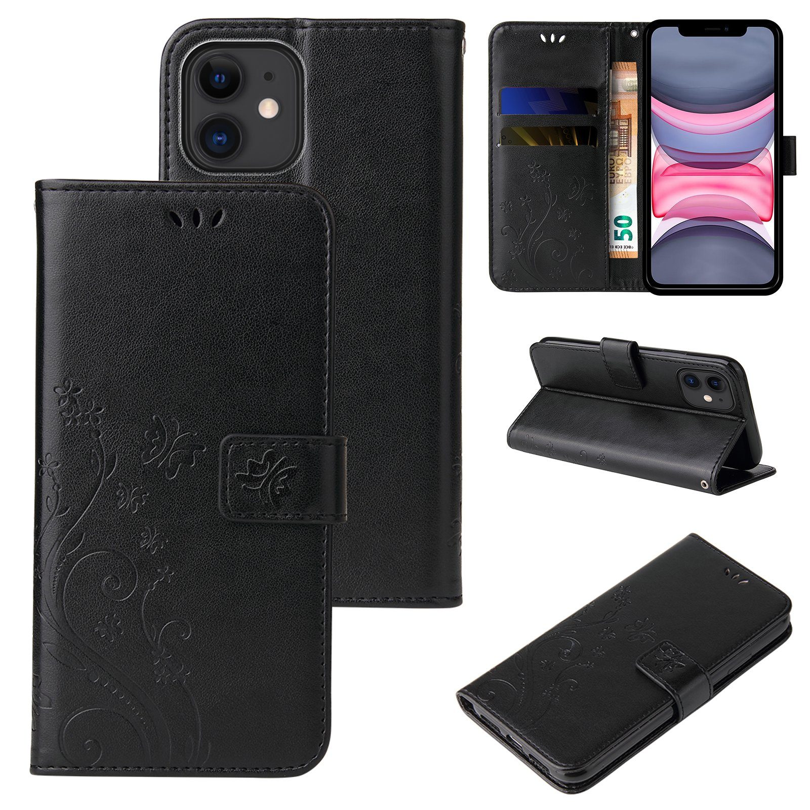 Tec-Expert Handyhülle Cover Tasche Hülle für Apple iPhone 11 6,1 Zoll, Klapphülle Case mit Kartenfach Fliphülle aufstellbar, Motiv Blumen
