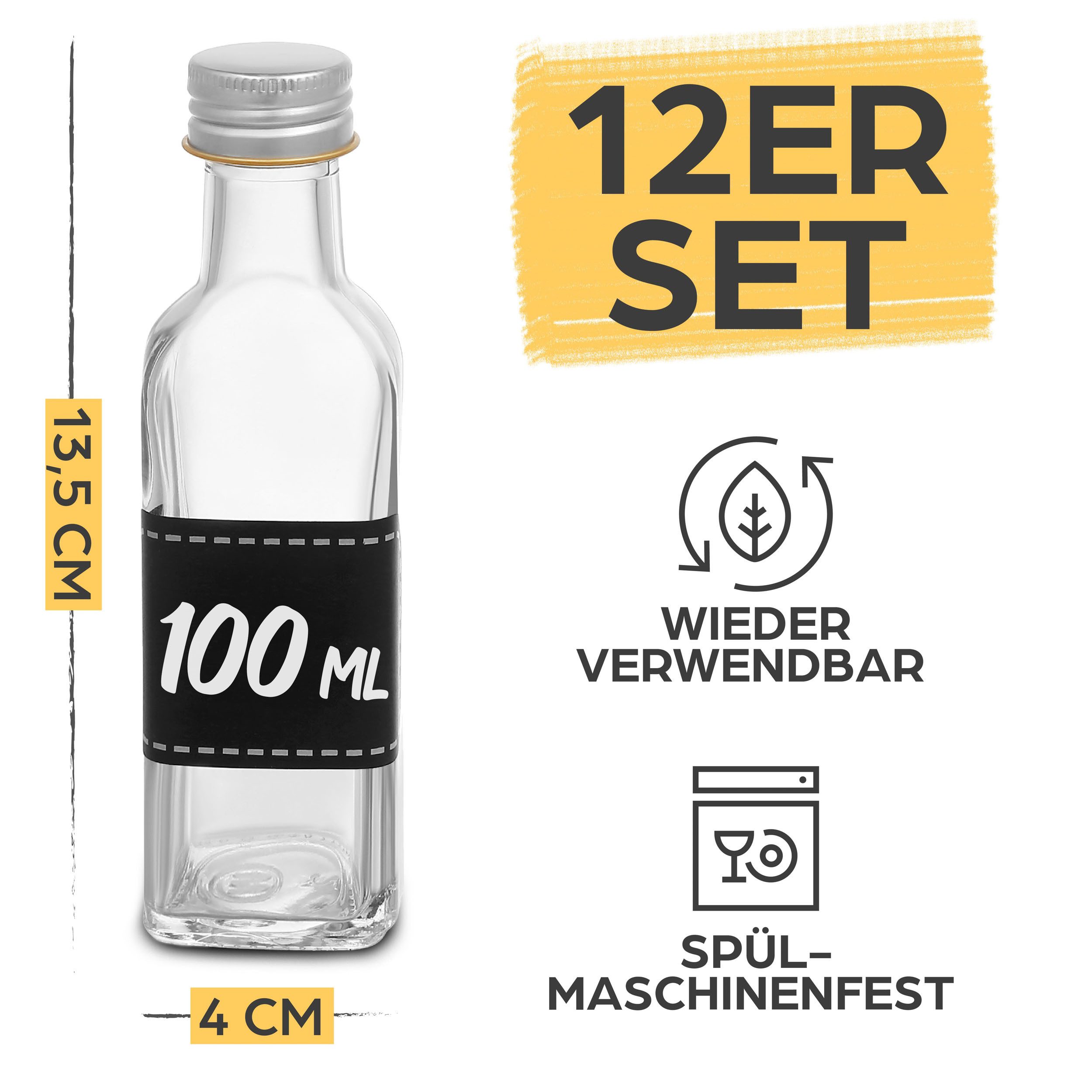 Praknu Trinkflasche 12 Glasflaschen 100ml Schraubverschluss Flaschen zum Befüllen, Leere Schraubverschluss Flaschen - Für Öl, Essig, Saft & Limonade