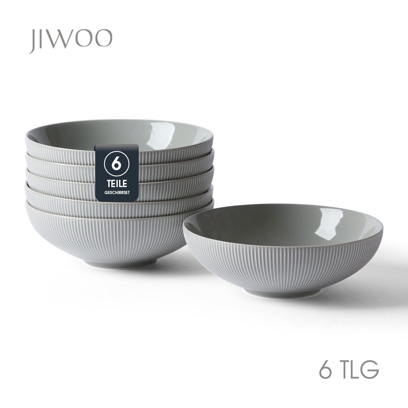 JIWOO Suppenteller 6er Ø20cm Speiseteller Salatteller Pastateller Teller Suppenschüssel, (6 St), Keramik Hochwertiges Tellerset Grau Mikrowellen- und spülmaschinenfest