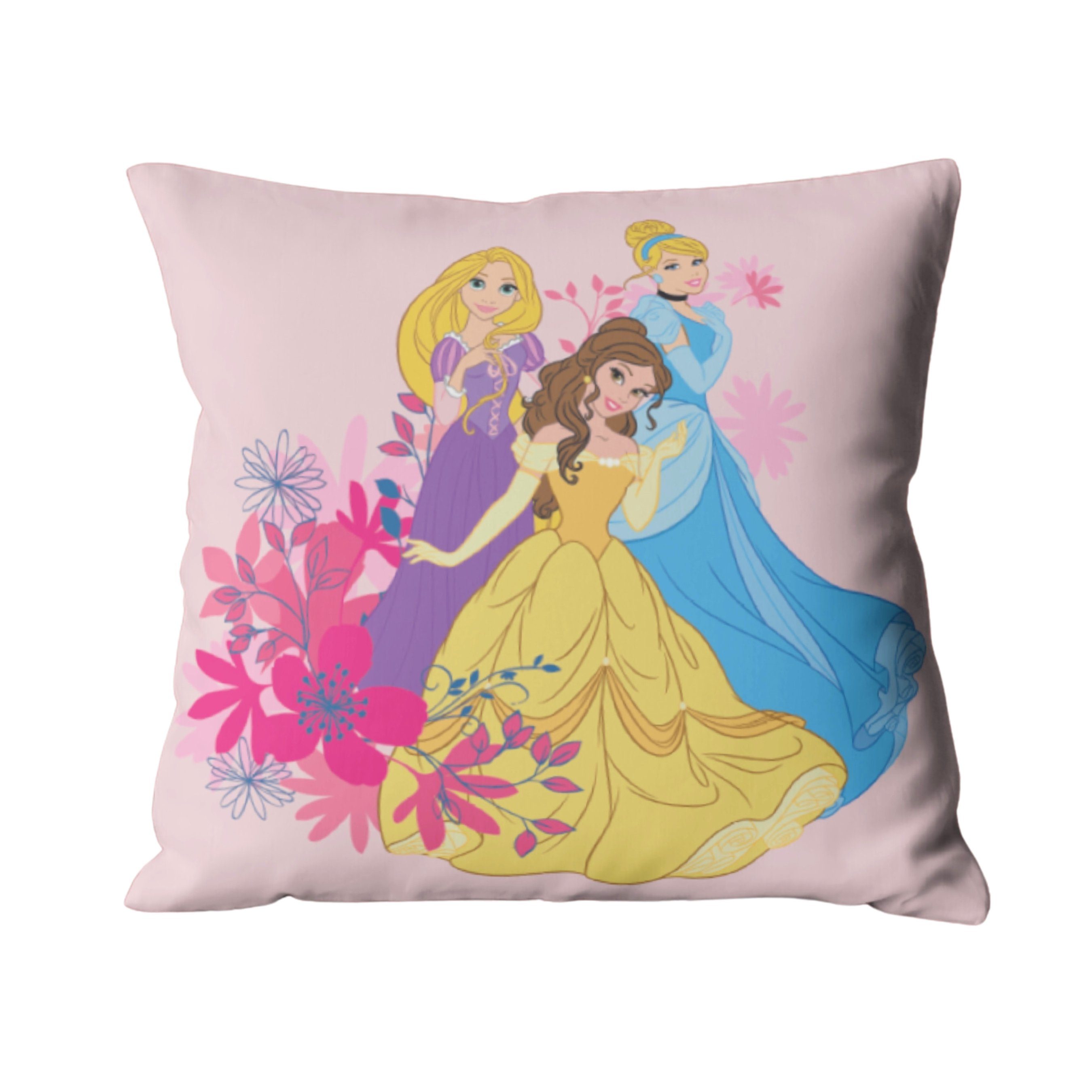 MTOnlinehandel Dekokissen Prinzessin Kissen Disney Belle, Rapunzel & Cindarella 40x40cm, ideal für Kinderbetten, Sofas oder Leseecken, passend zur Bettwäsche