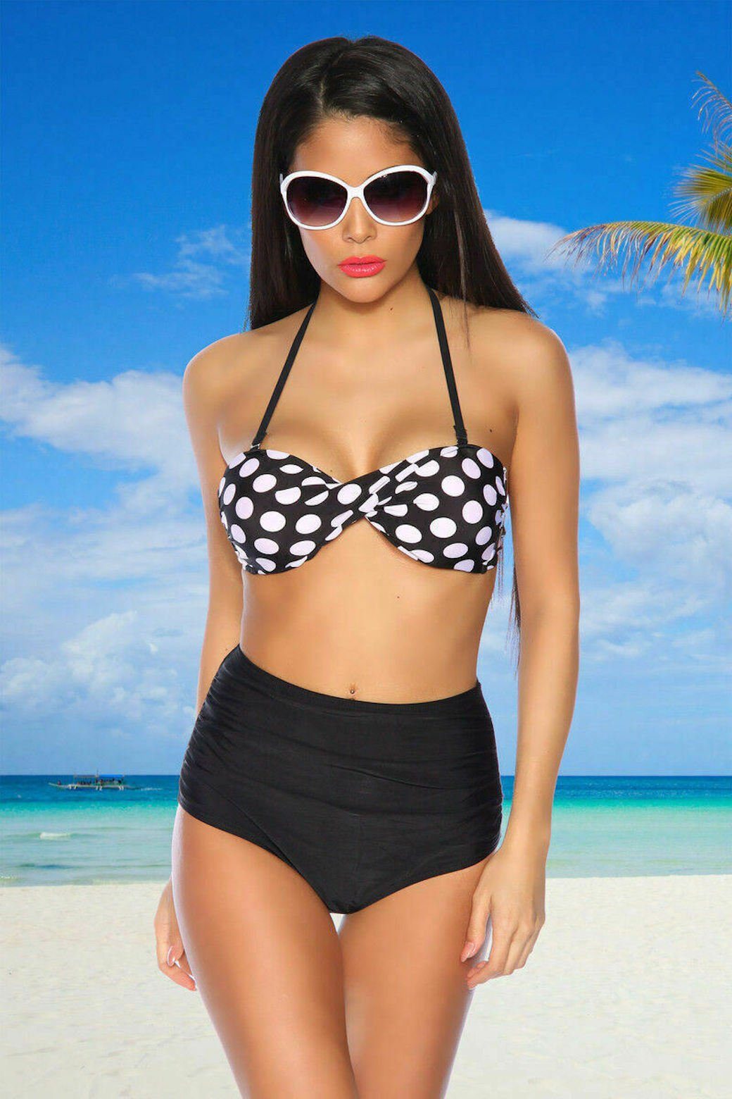 Bandeau-Bikini Vintage Rockabilly Bandeau-Bikini Bademode Samegame Dots schwarz in Neckholder weiß Polka Bikini