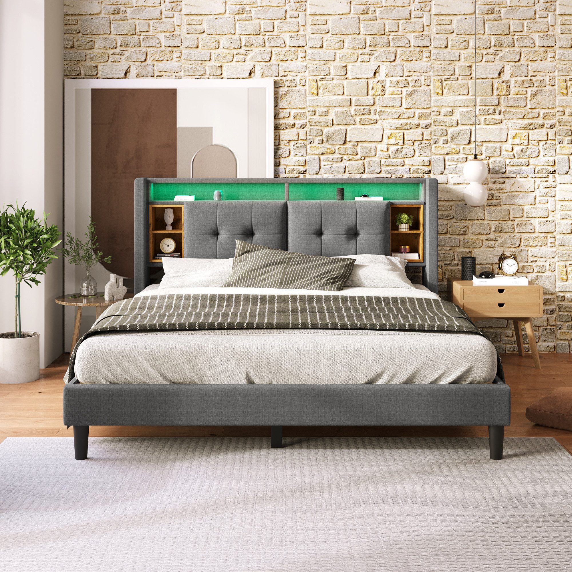 BlingBin Polsterbett Bett (Doppelbett mit LED-Beleuchtung, 140×200CM), aufladen USB, Stauraum-Kopfteil, Leinen