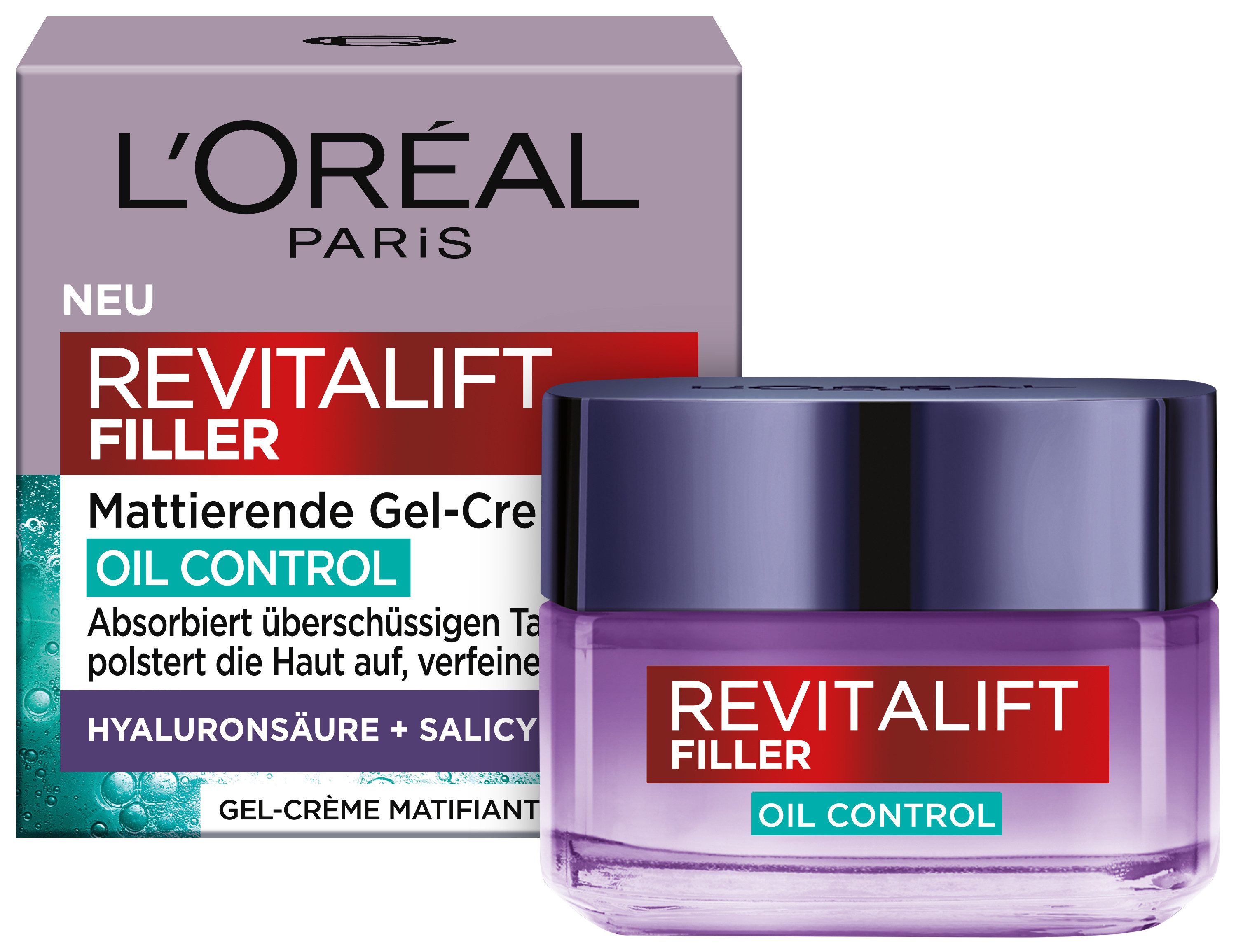 L'ORÉAL PARIS Gesichtsgel REVITALIFT FILLER MATTIERENDE GEL-CREME OIL CONTROL, mildert erste Anzeichen von Hautalterung bei fettiger Haut.
