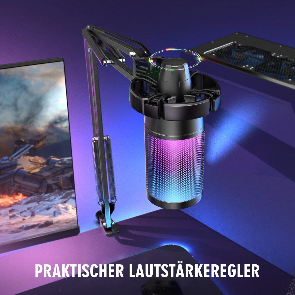 FIFINE Mikrofon USB Mikrofon Streaming mit Arm Kondensator Mikrofon Set PC Gaming RGB, Stummschalttaste, Popfilter und Stoßdämpferhalterung, Schwarz – Bild 4 von 5